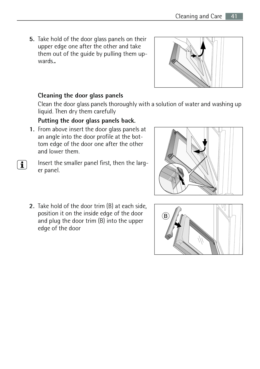 Electrolux B3301-5 user manual Cleaning the door glass panels, Putting the door glass panels back 