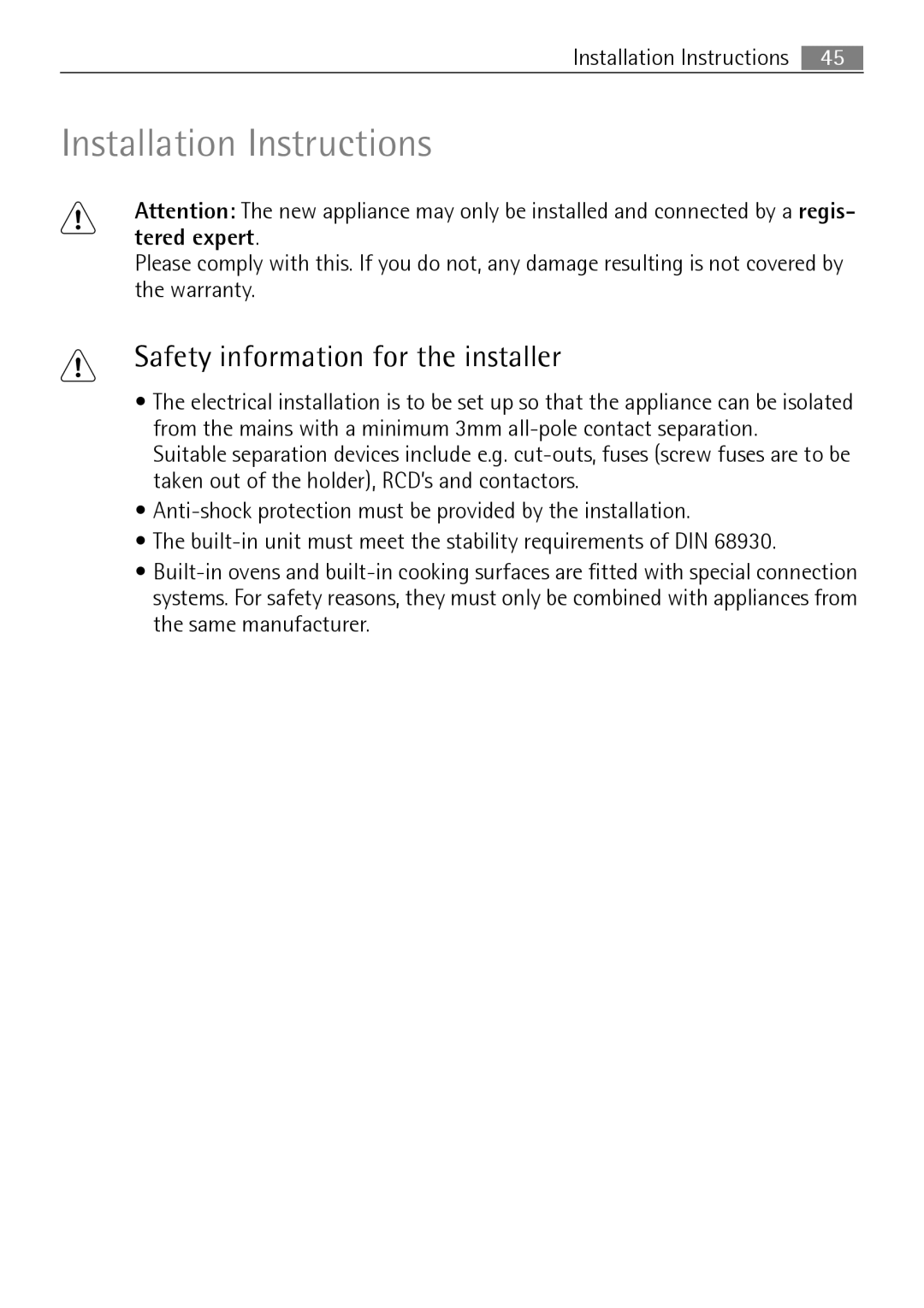 Electrolux B3301-5 user manual Installation Instructions, Safety information for the installer 