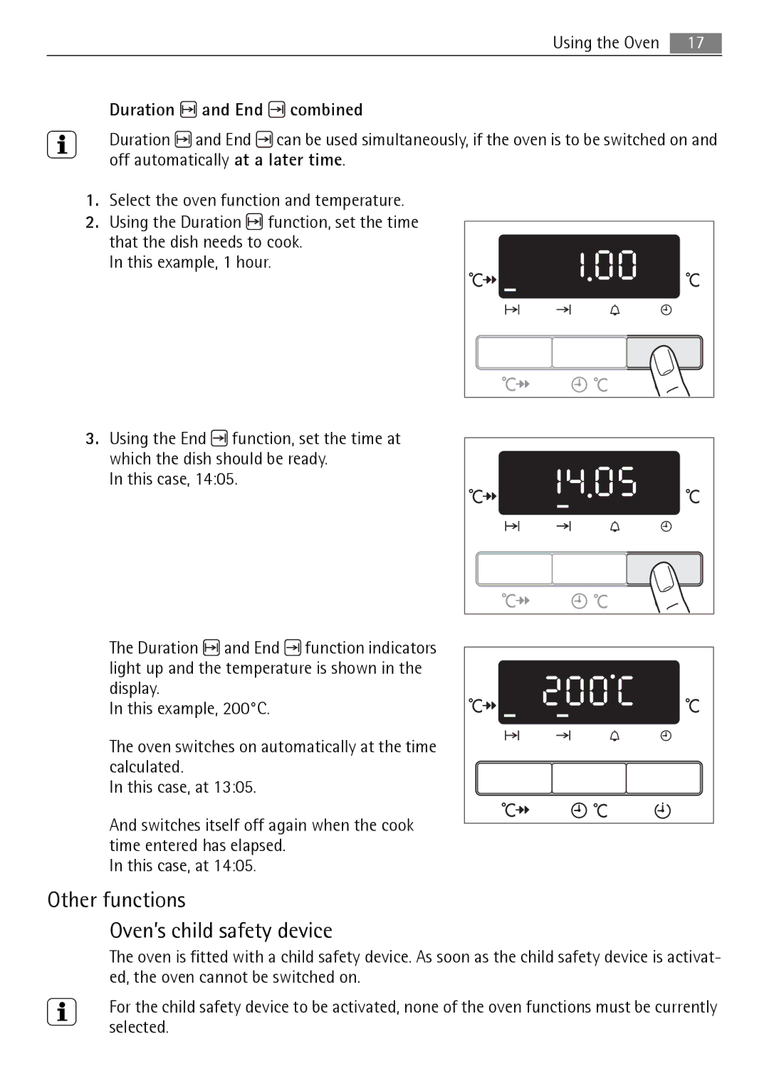 Electrolux B3741-5 user manual Other functions Oven’s child safety device, Duration and End combined 