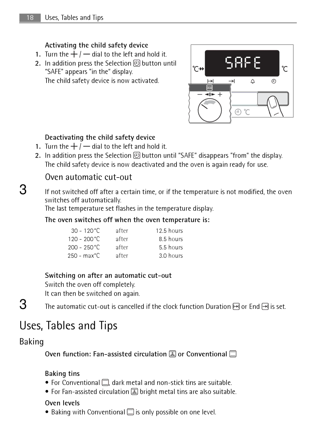 Electrolux B3741-5 user manual Uses, Tables and Tips, Oven automatic cut-out, Baking 