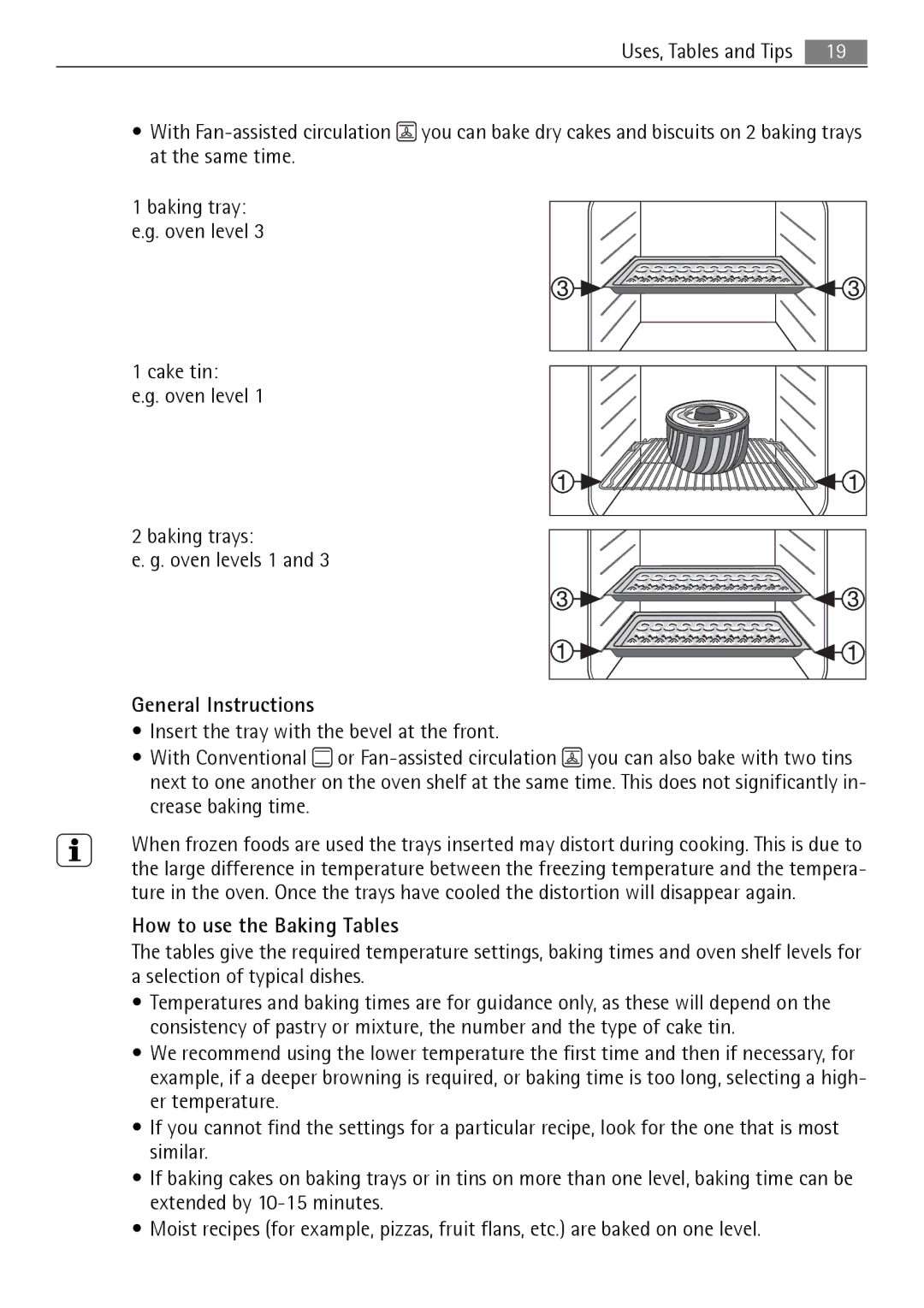 Electrolux B3741-5 Cake tin Oven level Baking trays Oven levels 1, General Instructions, How to use the Baking Tables 