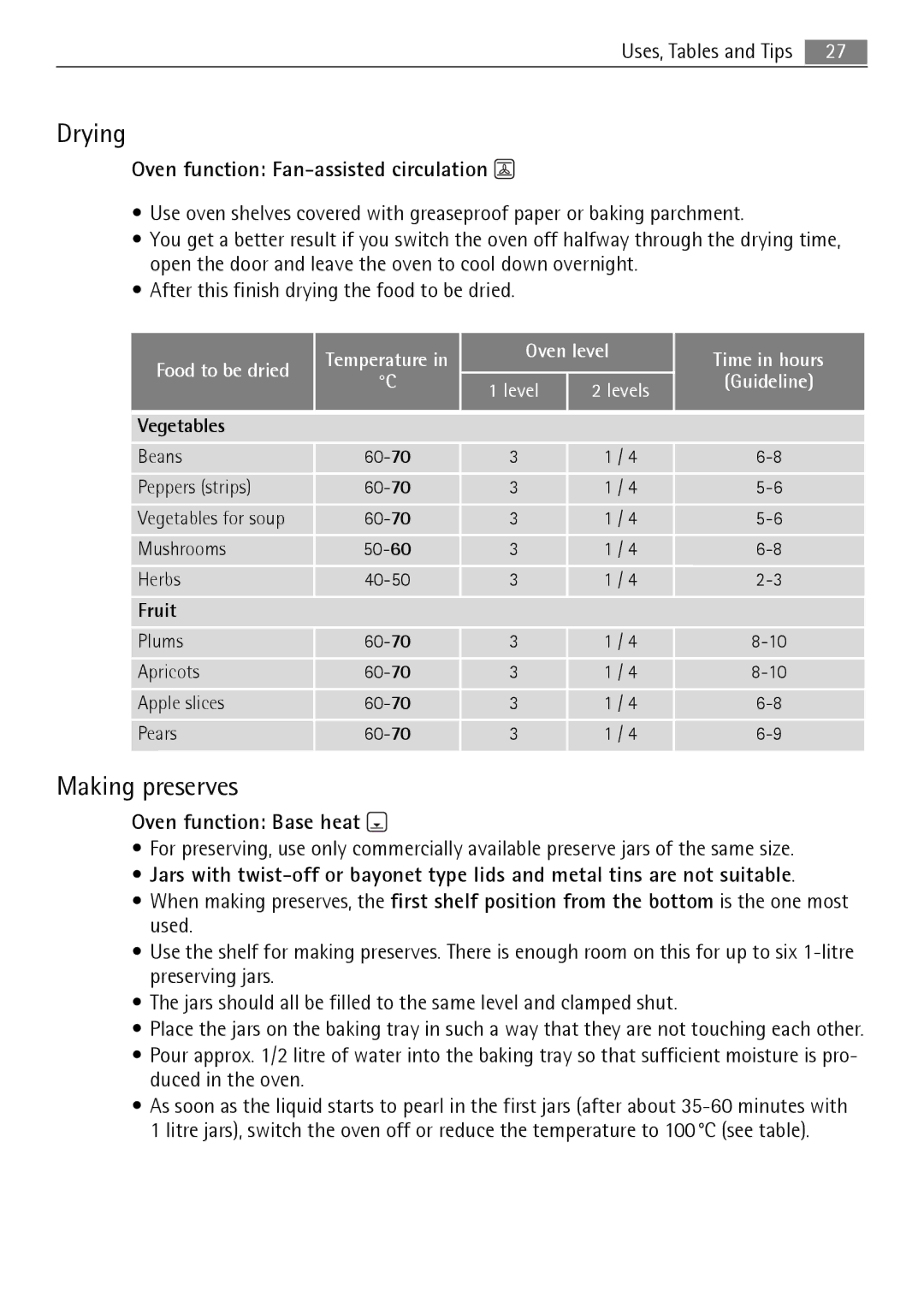 Electrolux B3741-5 user manual Drying, Making preserves, Oven function Fan-assisted circulation, Oven function Base heat 