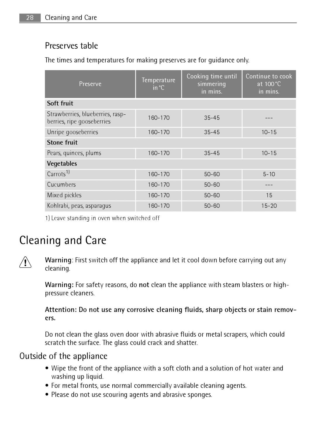 Electrolux B3741-5 user manual Cleaning and Care, Preserves table, Outside of the appliance 