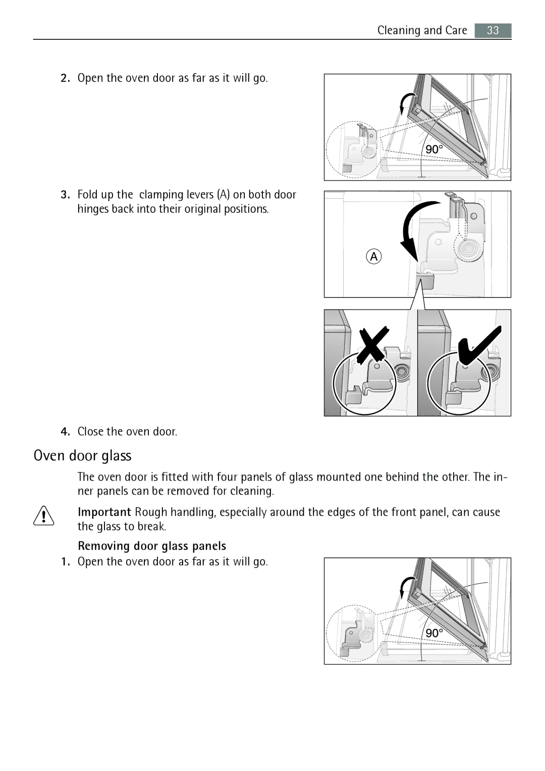 Electrolux B3741-5 user manual Oven door glass, Close the oven door, Removing door glass panels 