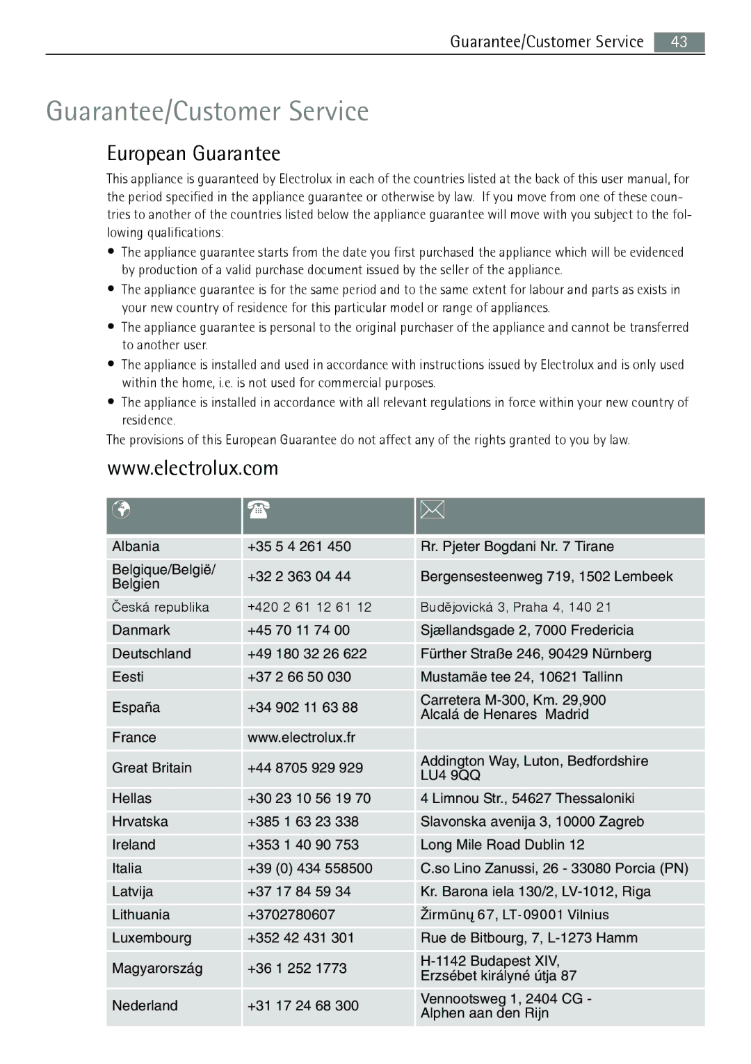 Electrolux B3741-5 user manual Guarantee/Customer Service, European Guarantee 