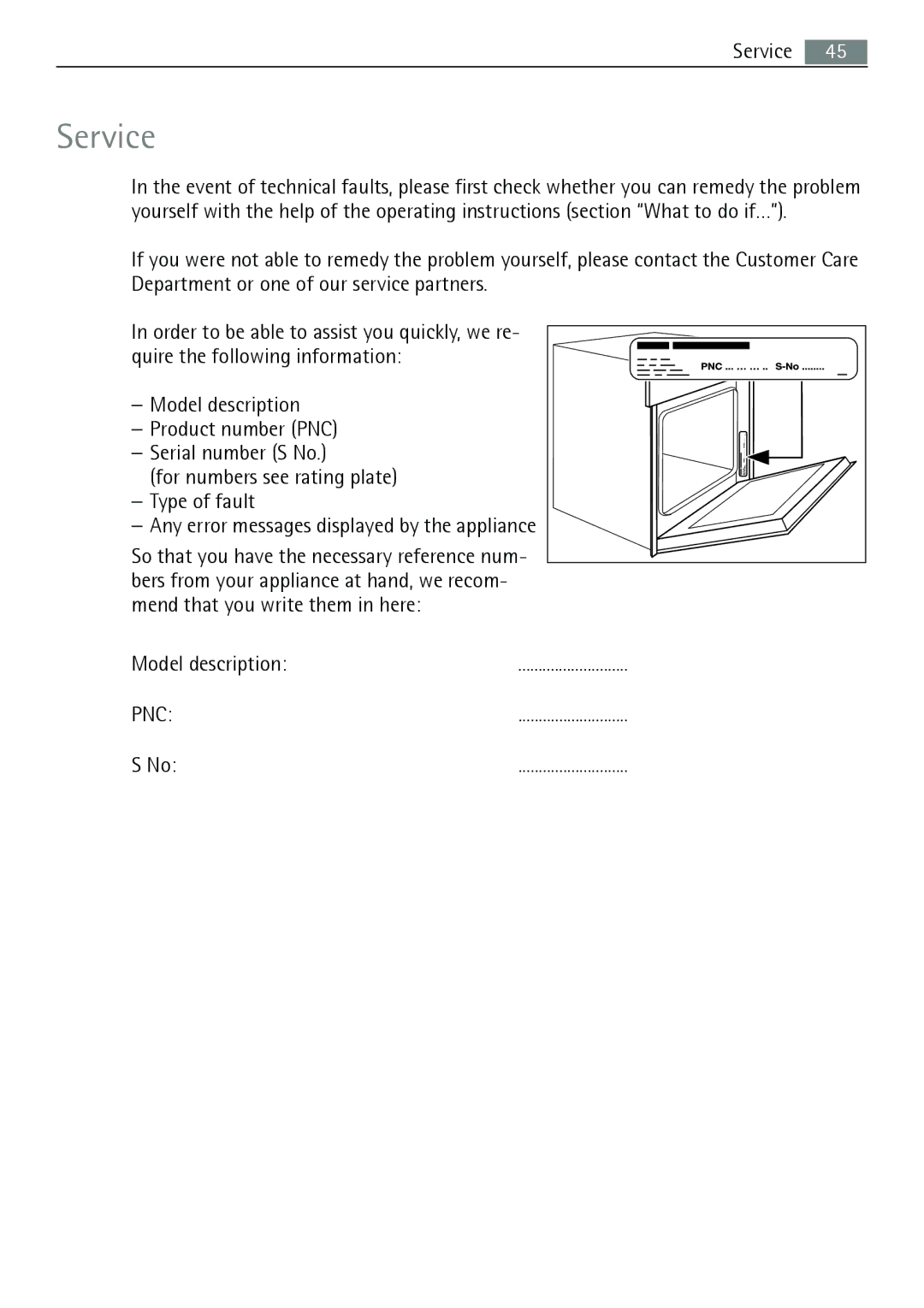 Electrolux B3741-5 user manual Service, Model description PNC 