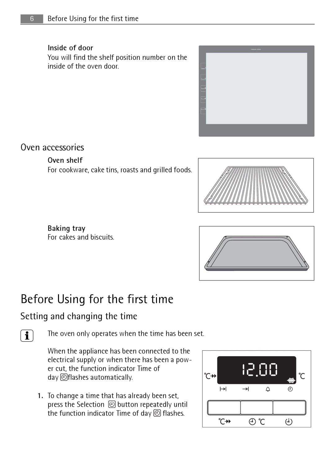 Electrolux B3741-5 user manual Before Using for the first time, Oven accessories, Setting and changing the time 