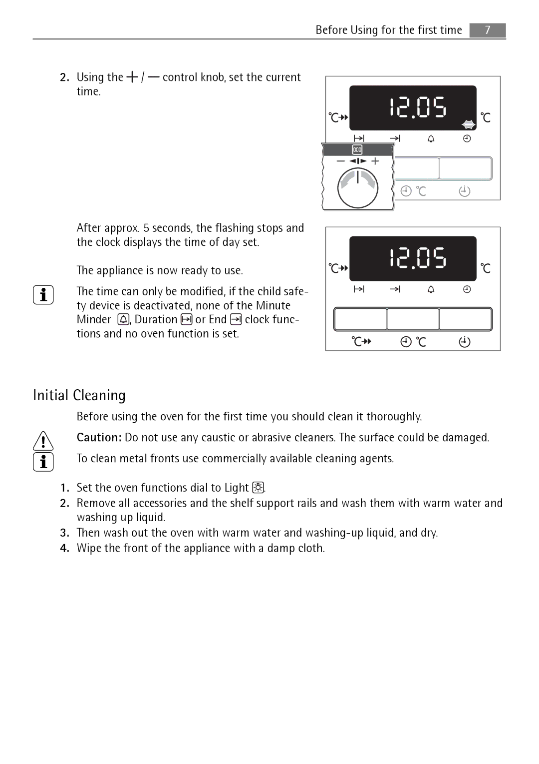 Electrolux B3741-5 Initial Cleaning, Using the / control knob, set the current time, Appliance is now ready to use 