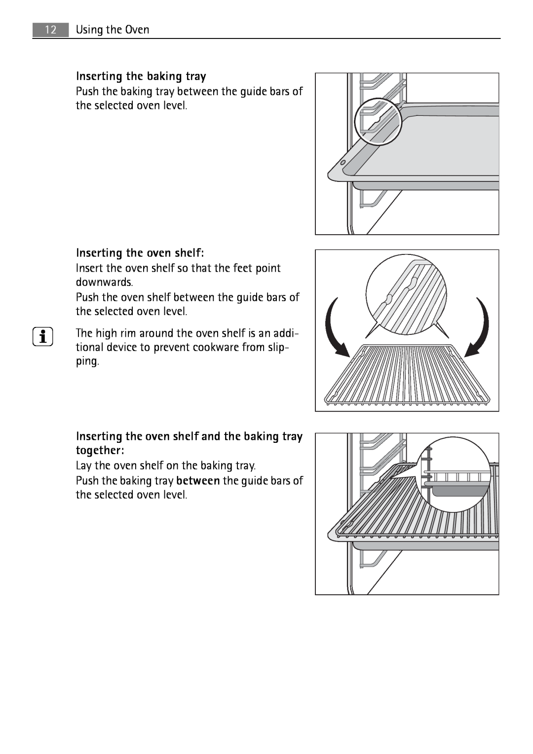 Electrolux B3741-5 user manual Inserting the baking tray, Inserting the oven shelf 