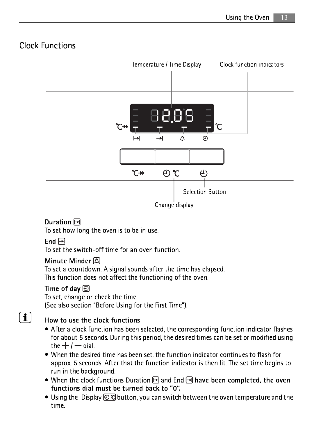 Electrolux B3741-5 user manual Clock Functions, Duration, Minute Minder, Time of day, How to use the clock functions 