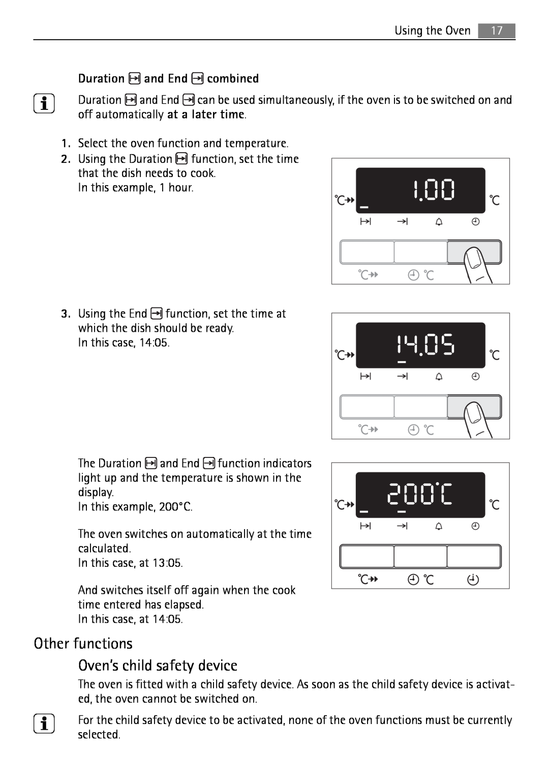 Electrolux B3741-5 user manual Other functions Oven’s child safety device, Duration and End combined 