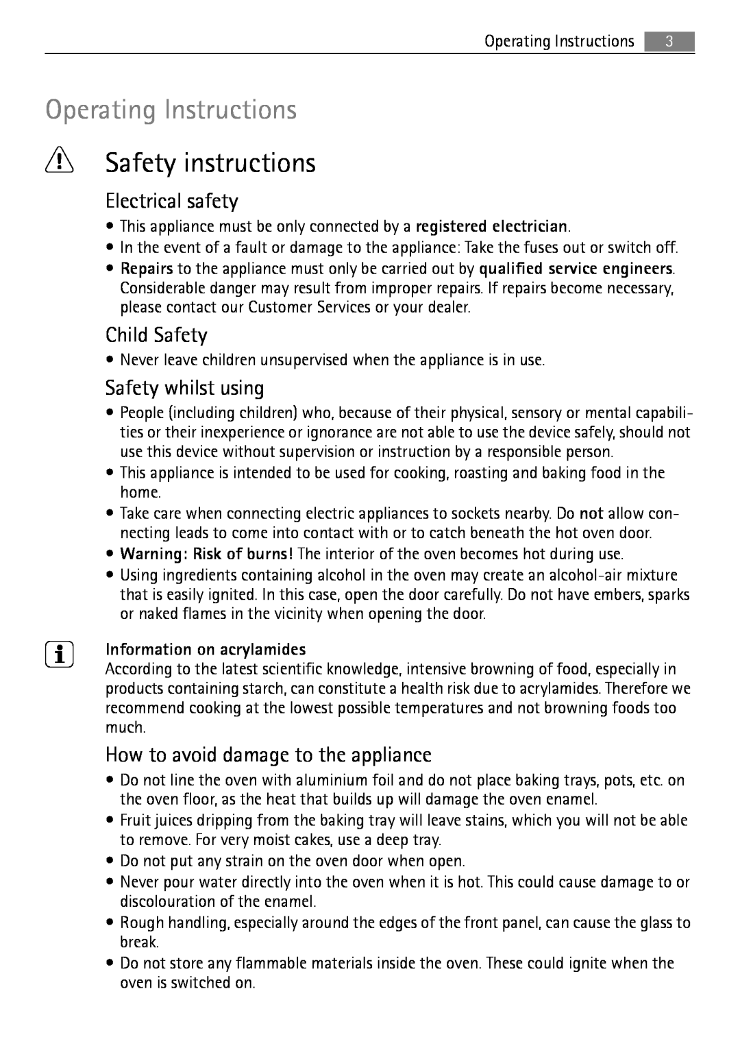 Electrolux B3741-5 Operating Instructions, Safety instructions, Electrical safety, Child Safety, Safety whilst using 