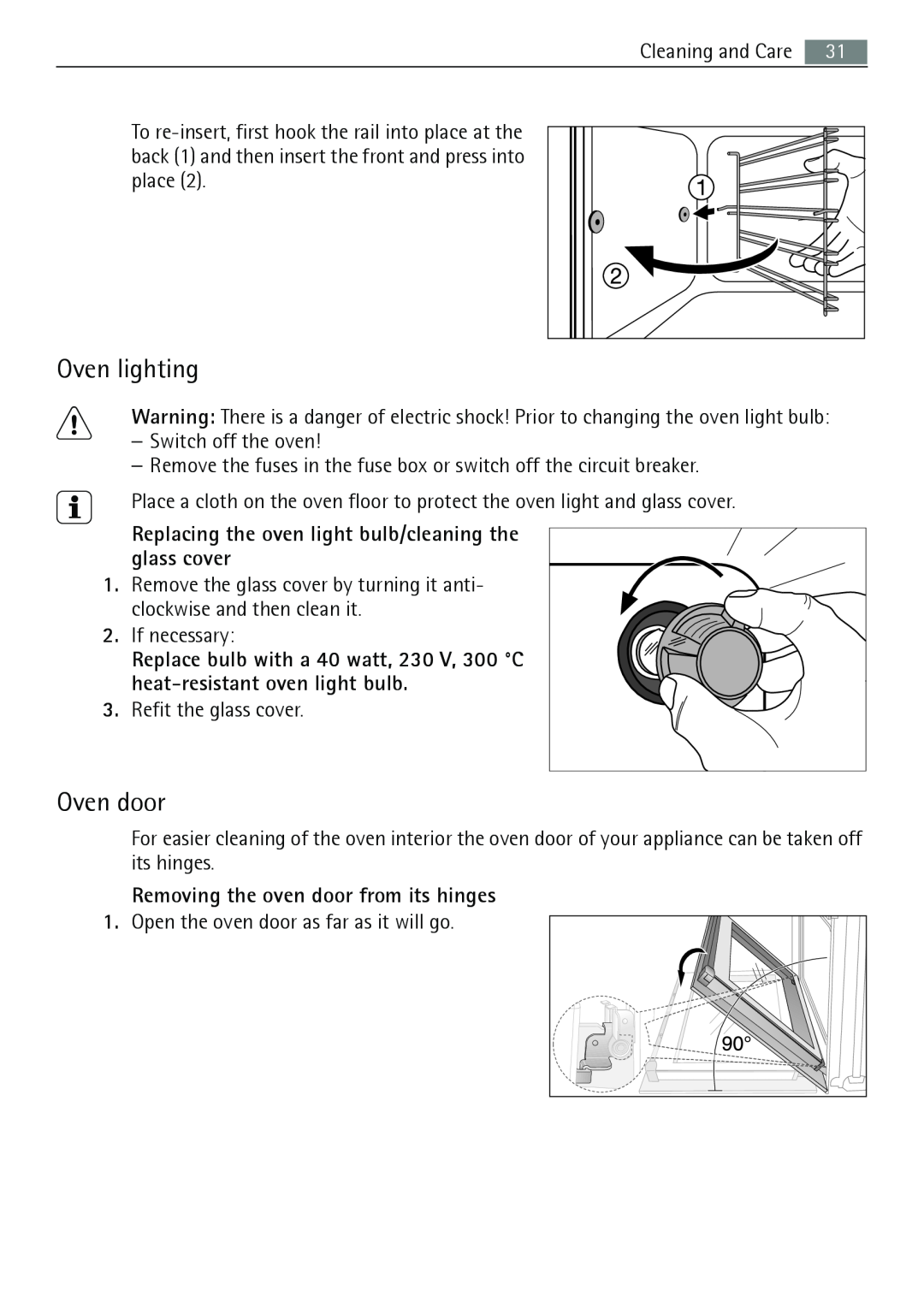 Electrolux B3741-5 user manual Oven lighting, Oven door, Replacing the oven light bulb/cleaning the glass cover 