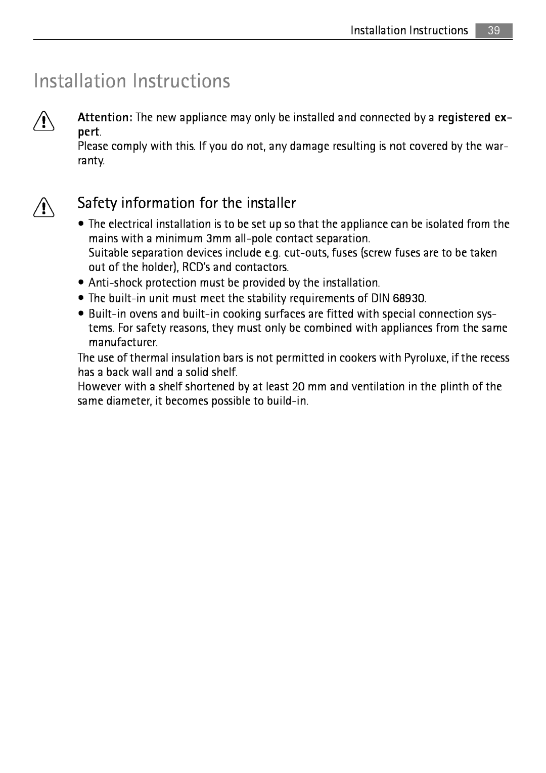 Electrolux B3741-5 user manual Installation Instructions, Safety information for the installer 