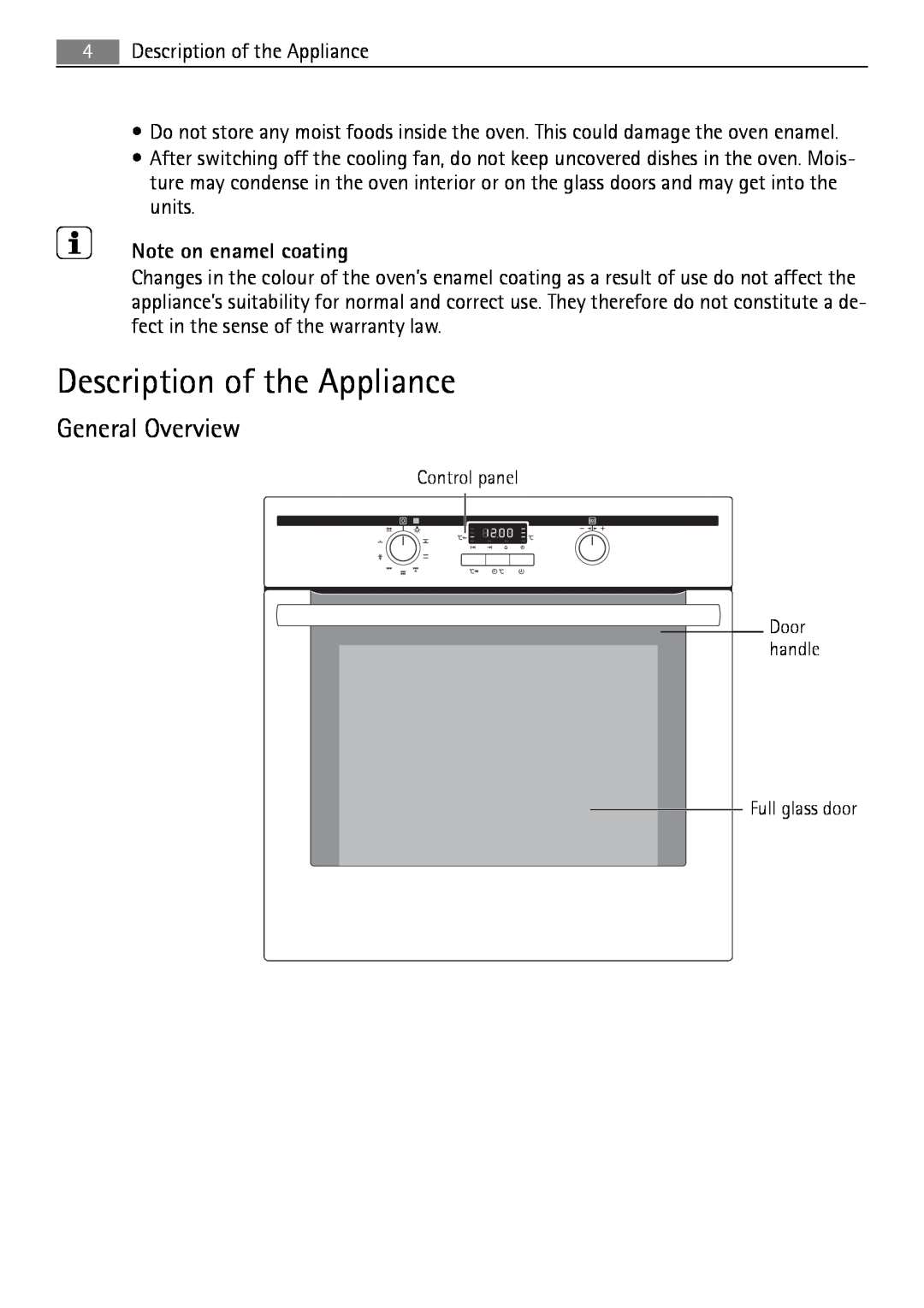 Electrolux B3741-5 user manual Description of the Appliance, General Overview, Note on enamel coating 