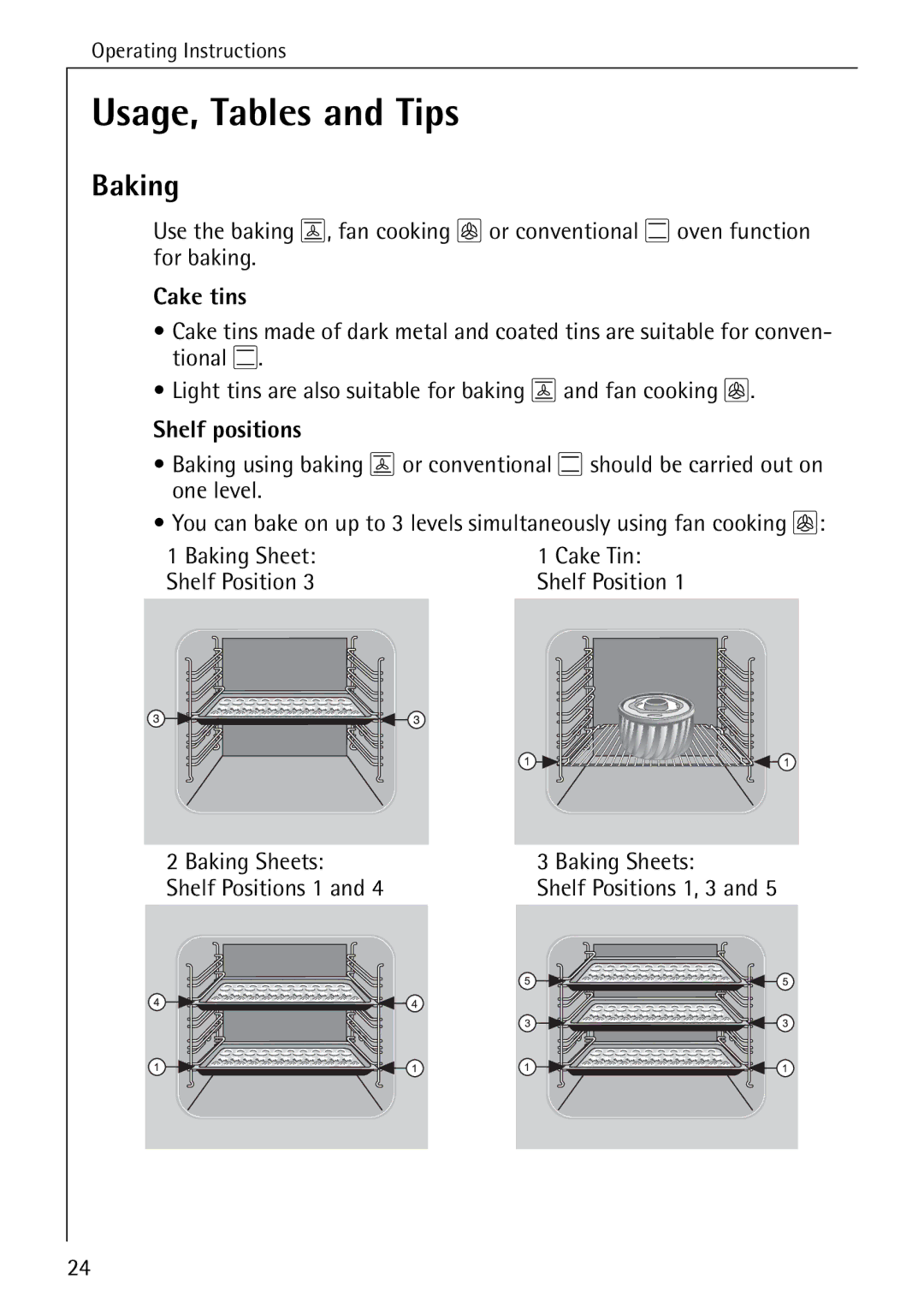 Electrolux B4100-1 manual Usage, Tables and Tips, Baking, Cake tins, Shelf positions 