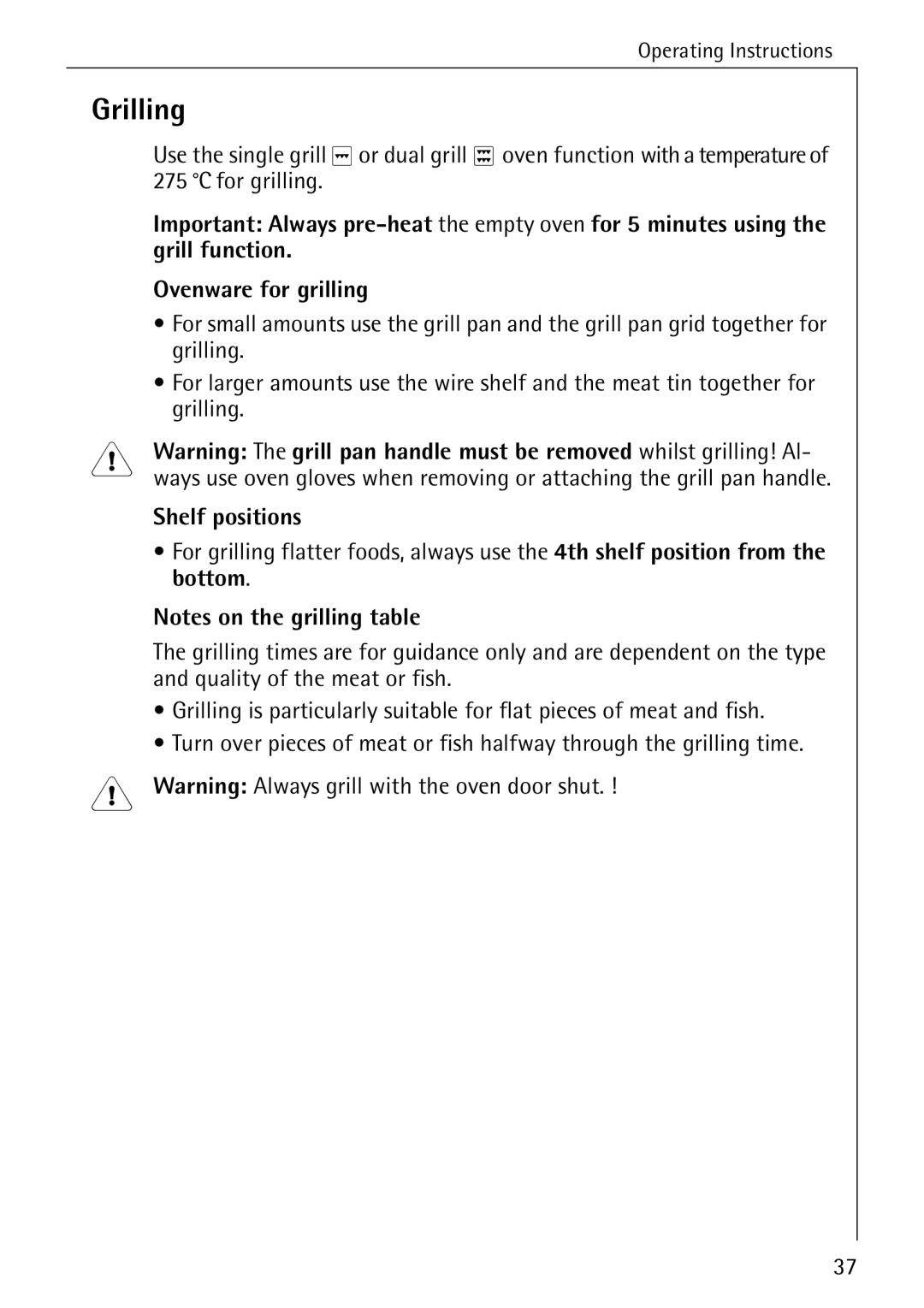 Electrolux B4100-1 manual Grilling, Shelf positions 