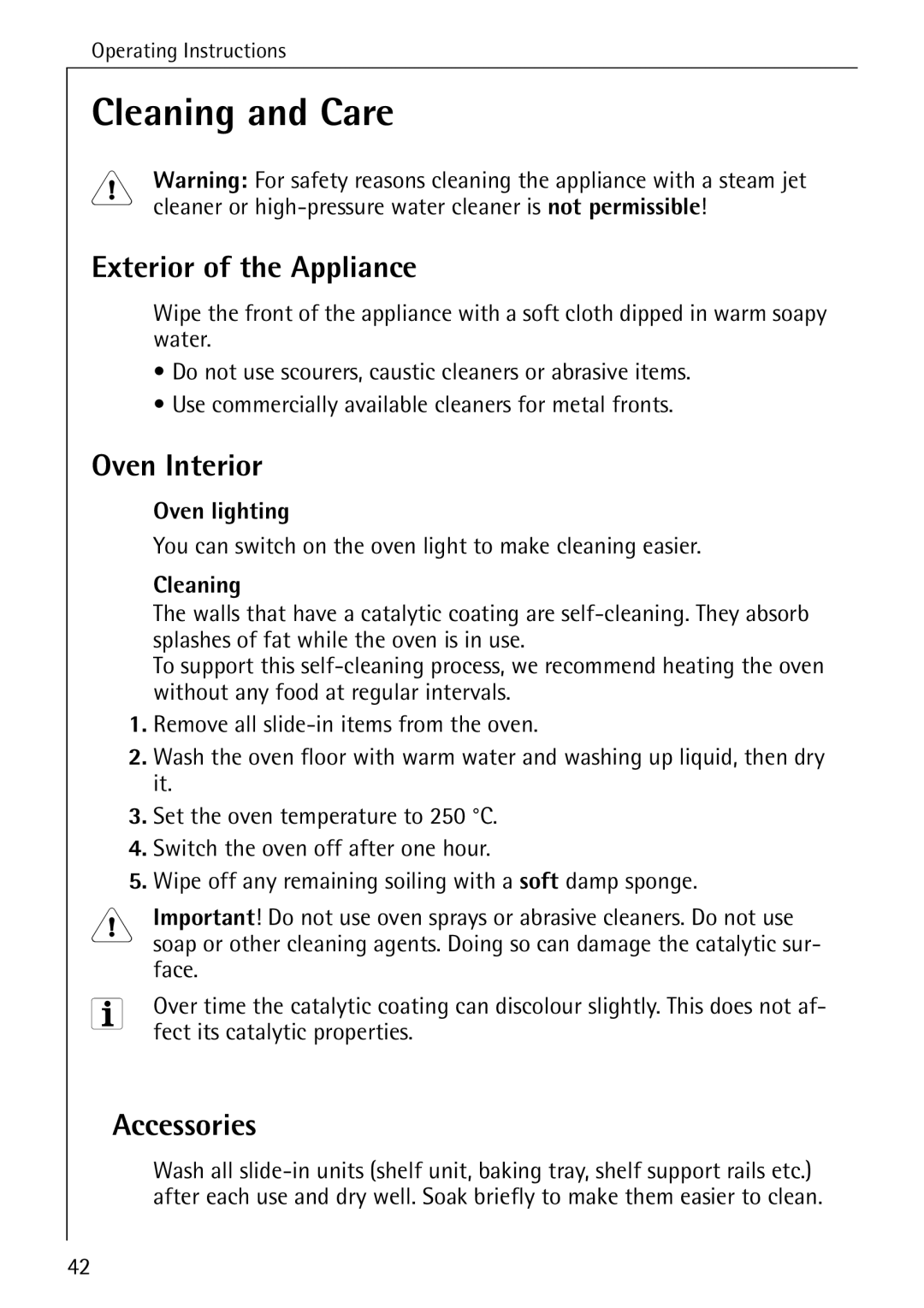 Electrolux B4100-1 manual Cleaning and Care, Exterior of the Appliance, Oven Interior, Accessories 