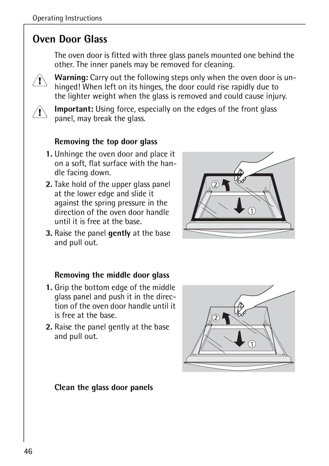 Electrolux B4100-1 manual Oven Door Glass, Removing the top door glass, Removing the middle door glass 