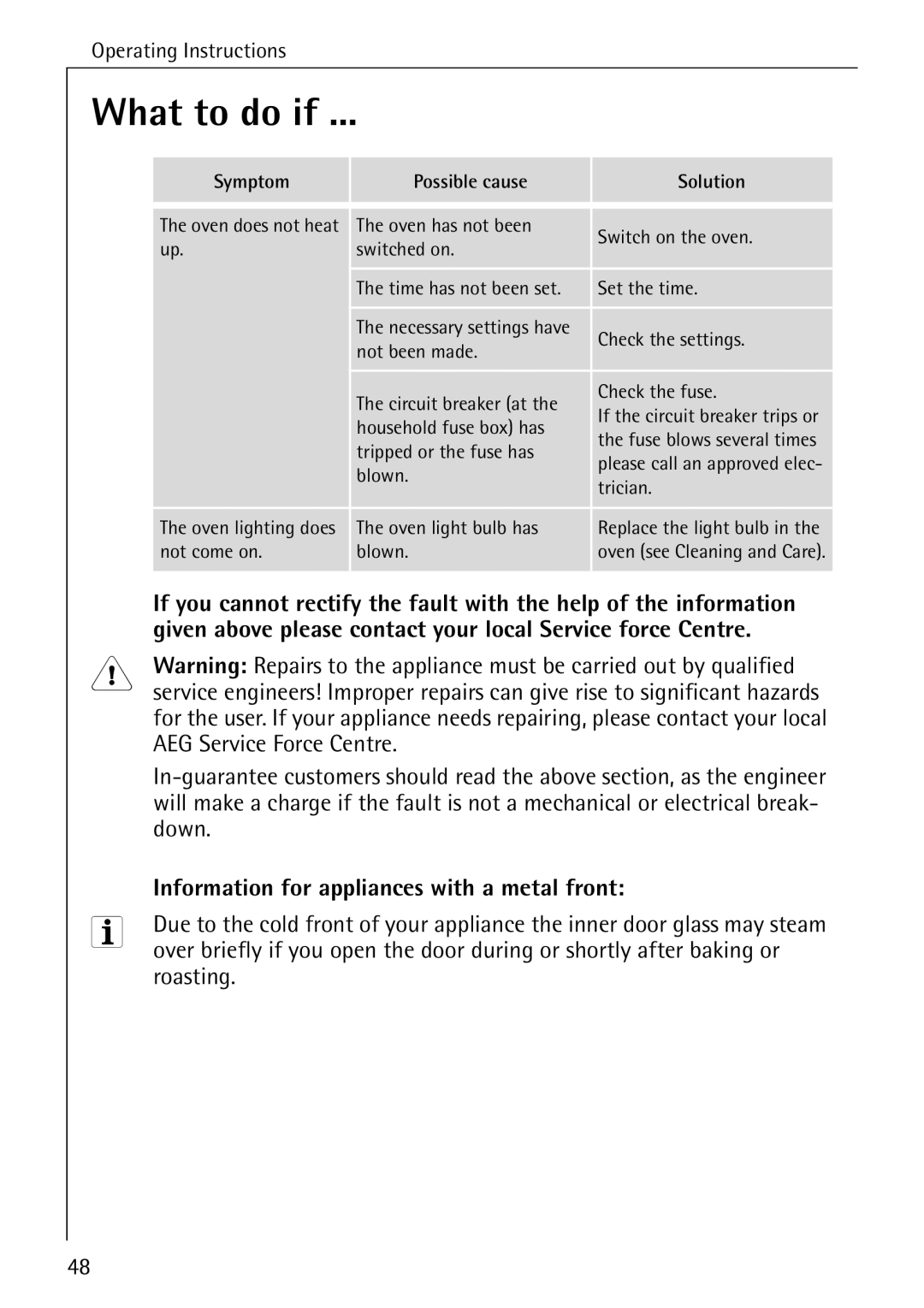 Electrolux B4100-1 What to do if, AEG Service Force Centre, Down, Information for appliances with a metal front, Roasting 