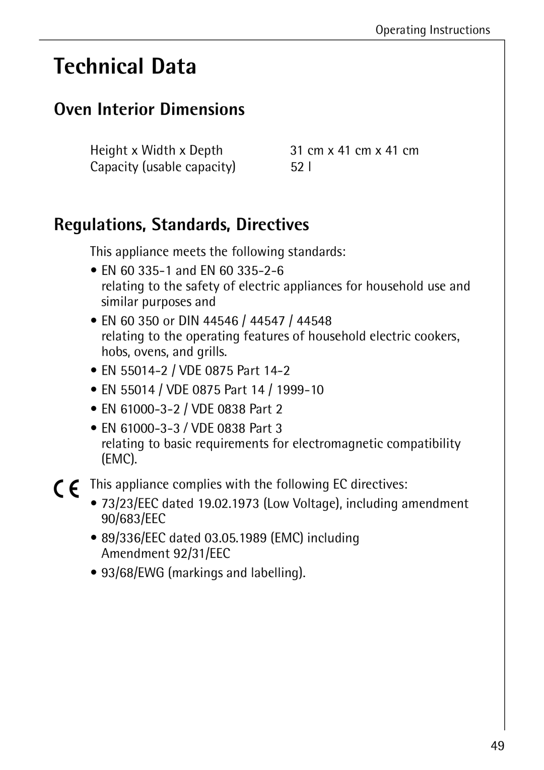 Electrolux B4100-1 Technical Data, Oven Interior Dimensions, Regulations, Standards, Directives, Height x Width x Depth 