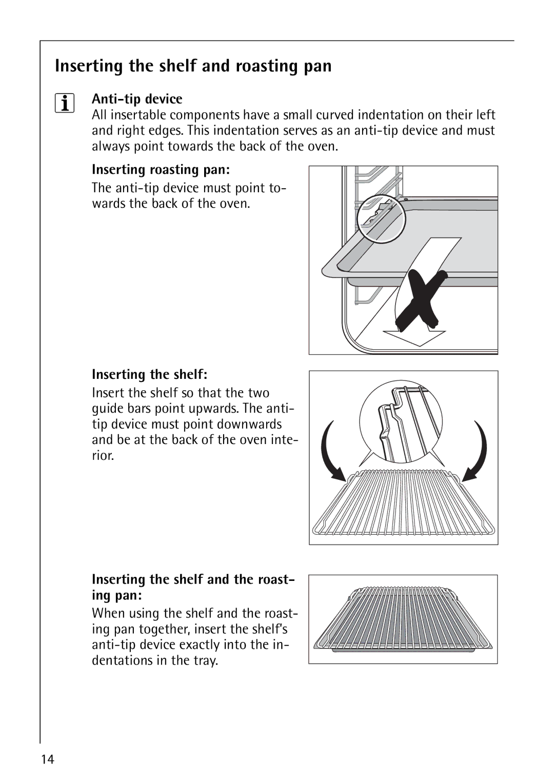 Electrolux B4101-4 manual Inserting the shelf and roasting pan, Anti-tip device, Inserting roasting pan 