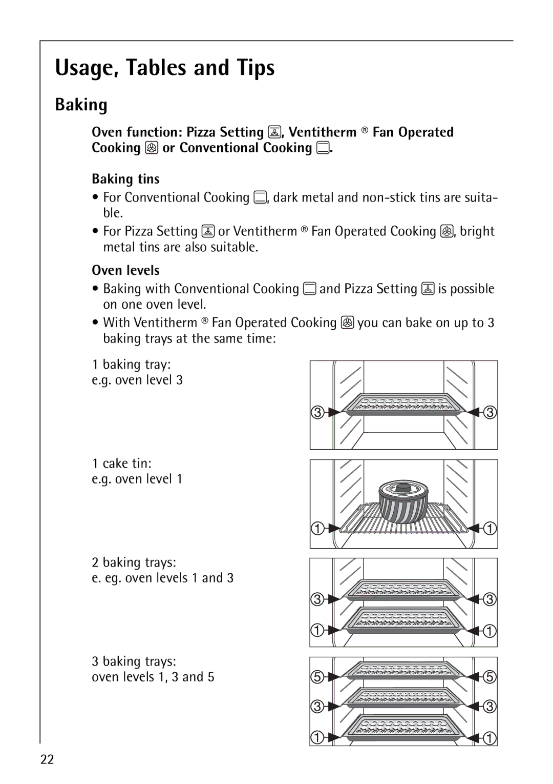 Electrolux B4101-4 manual Usage, Tables and Tips, Baking, Oven levels 