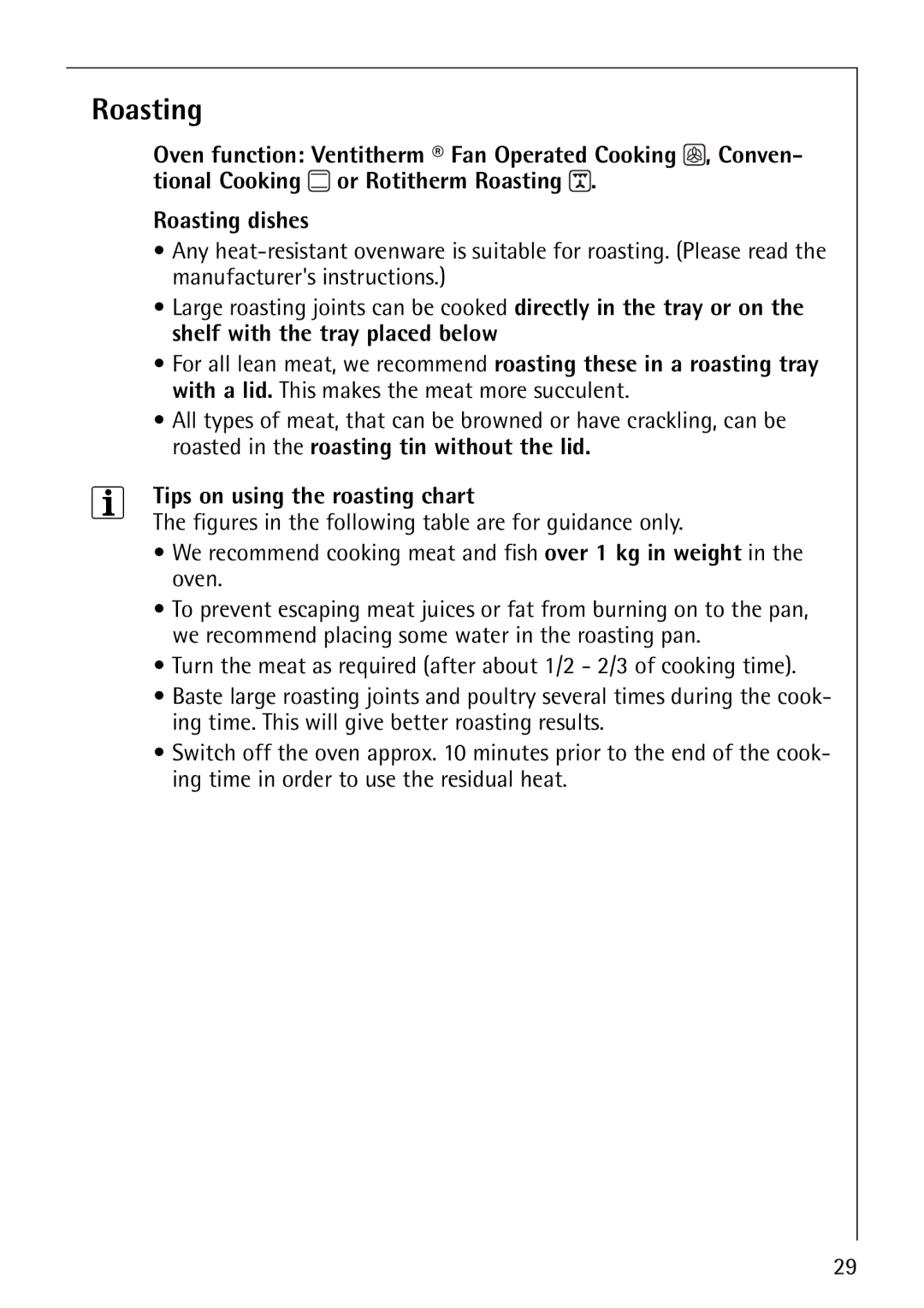 Electrolux B4101-4 manual Roasting, Tips on using the roasting chart 