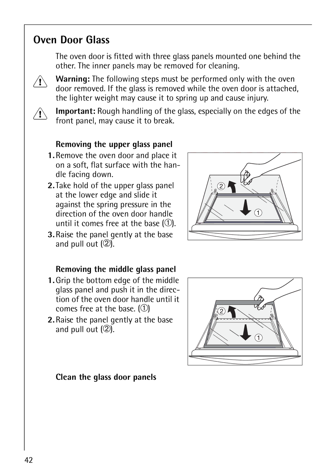 Electrolux B4101-4 manual Oven Door Glass, Removing the upper glass panel, Removing the middle glass panel 