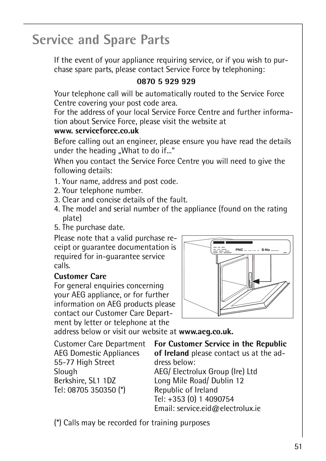 Electrolux B4101-4 manual 0870 5 929, Customer Care, For Customer Service in the Republic 