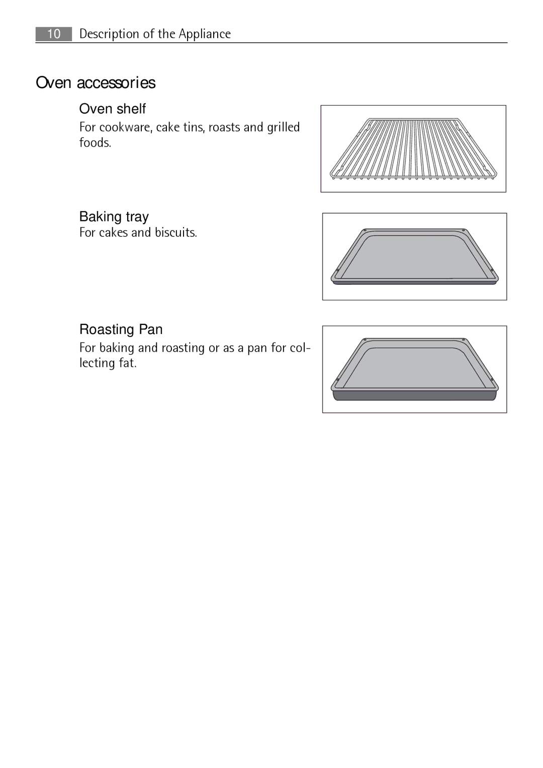 Electrolux B41012-5 user manual Oven accessories, Oven shelf, Baking tray, Roasting Pan 