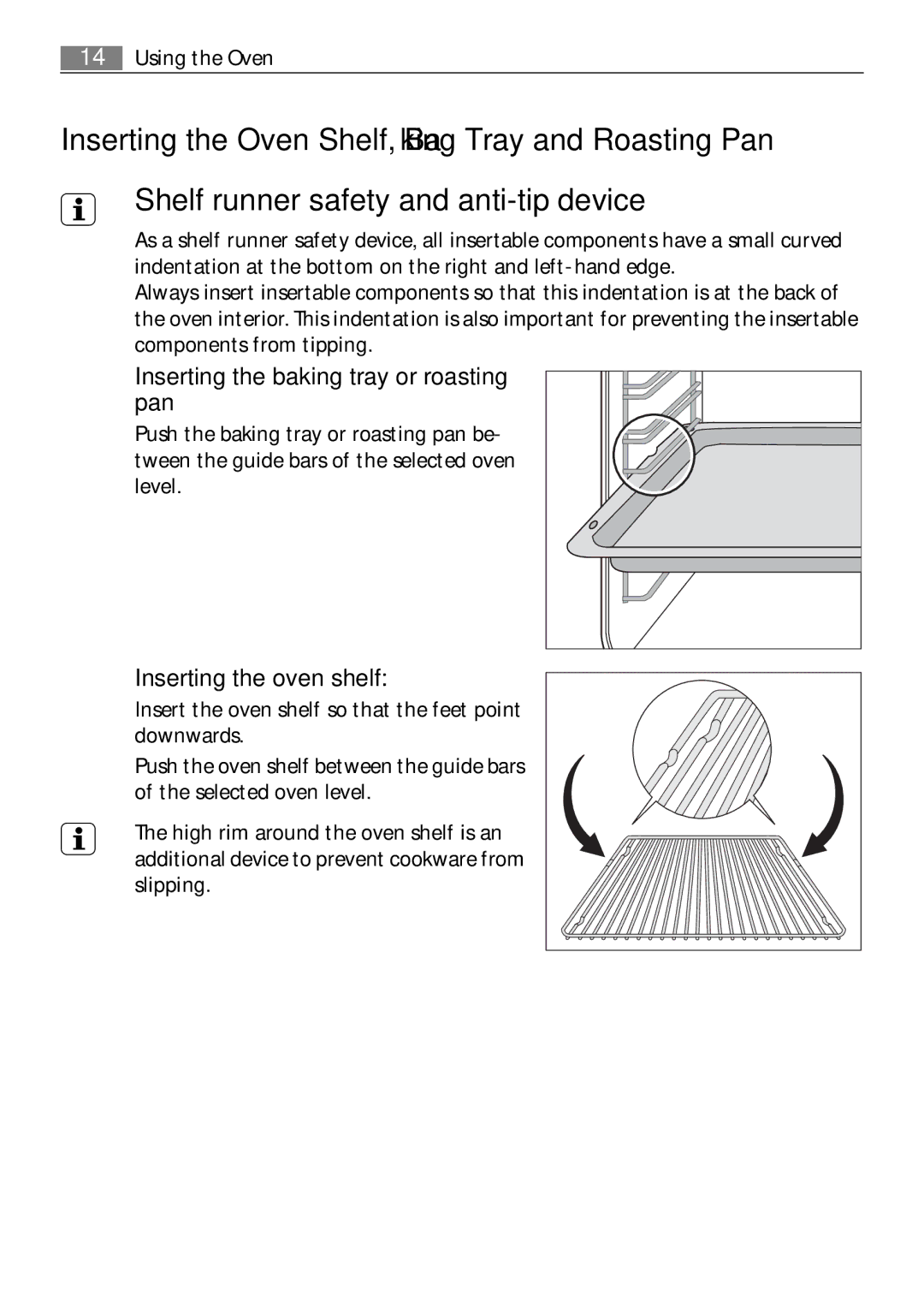 Electrolux B41012-5 user manual Inserting the baking tray or roasting pan, Inserting the oven shelf 