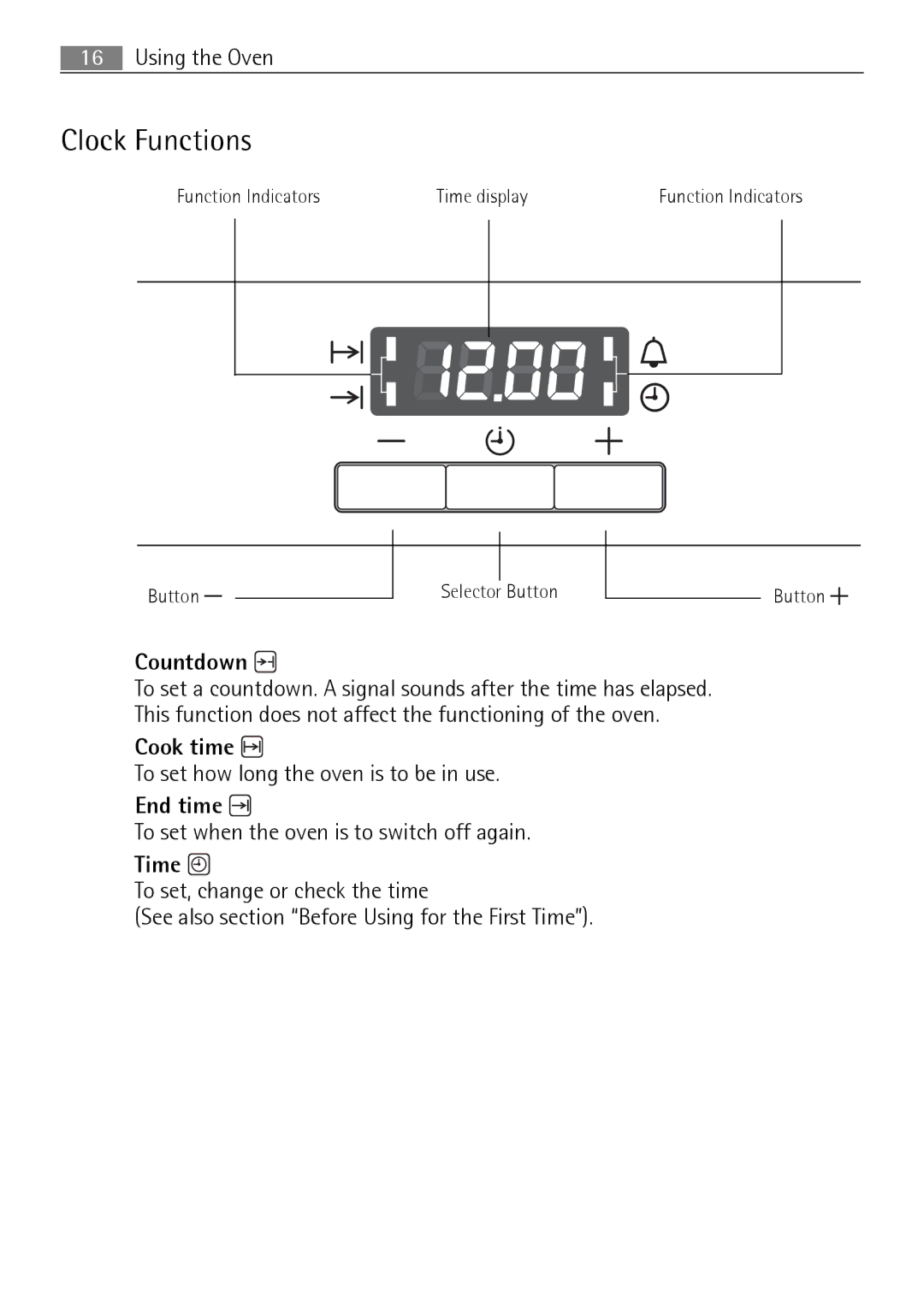 Electrolux B41012-5 user manual Clock Functions, Countdown, Cook time, End time, Time 