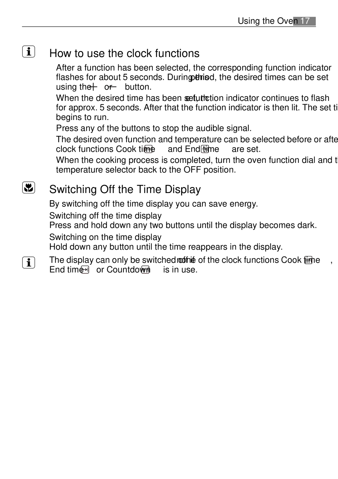 Electrolux B41012-5 How to use the clock functions, Switching Off the Time Display, Switching off the time display 