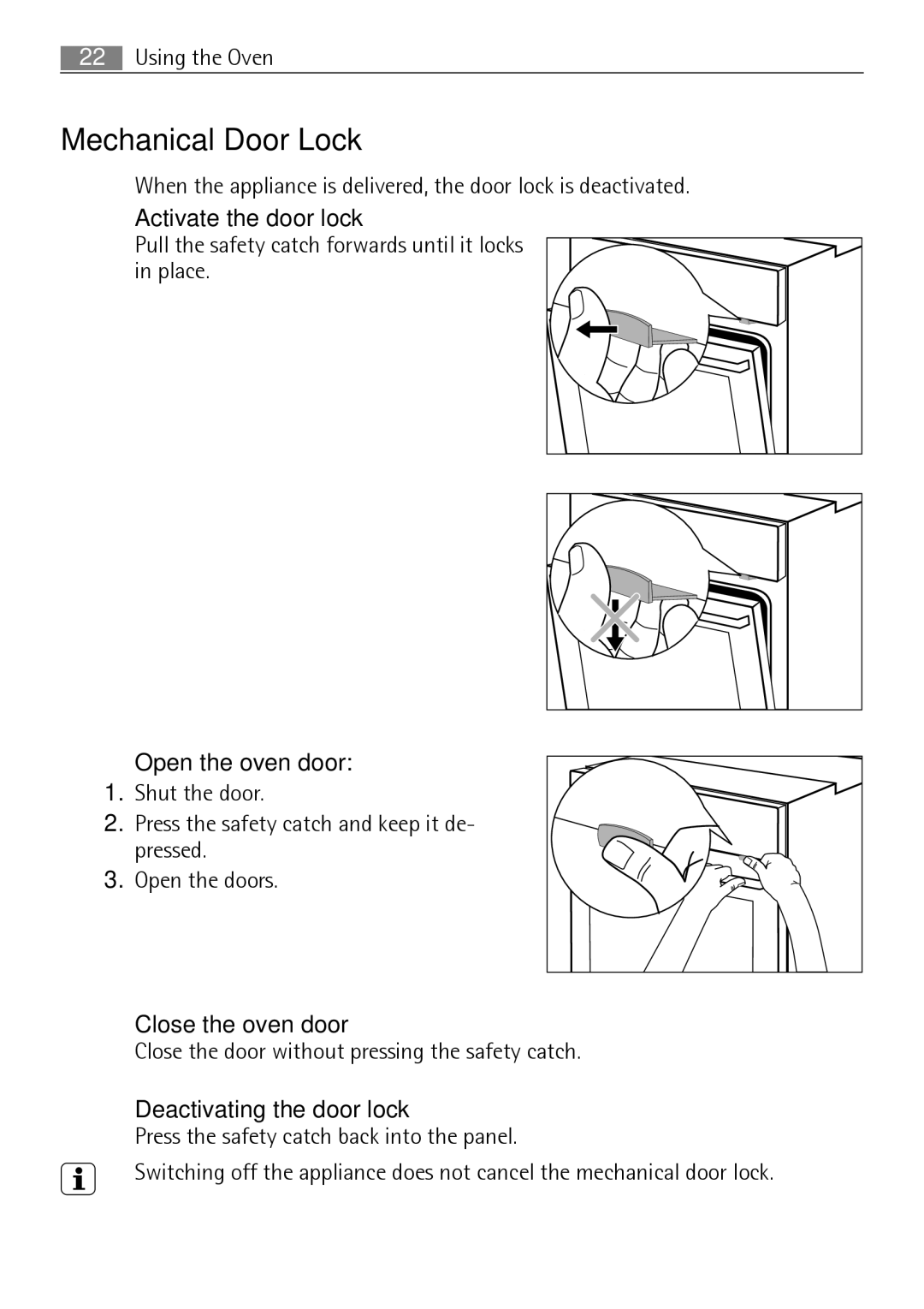 Electrolux B41012-5 user manual Mechanical Door Lock, Activate the door lock, Open the oven door, Close the oven door 