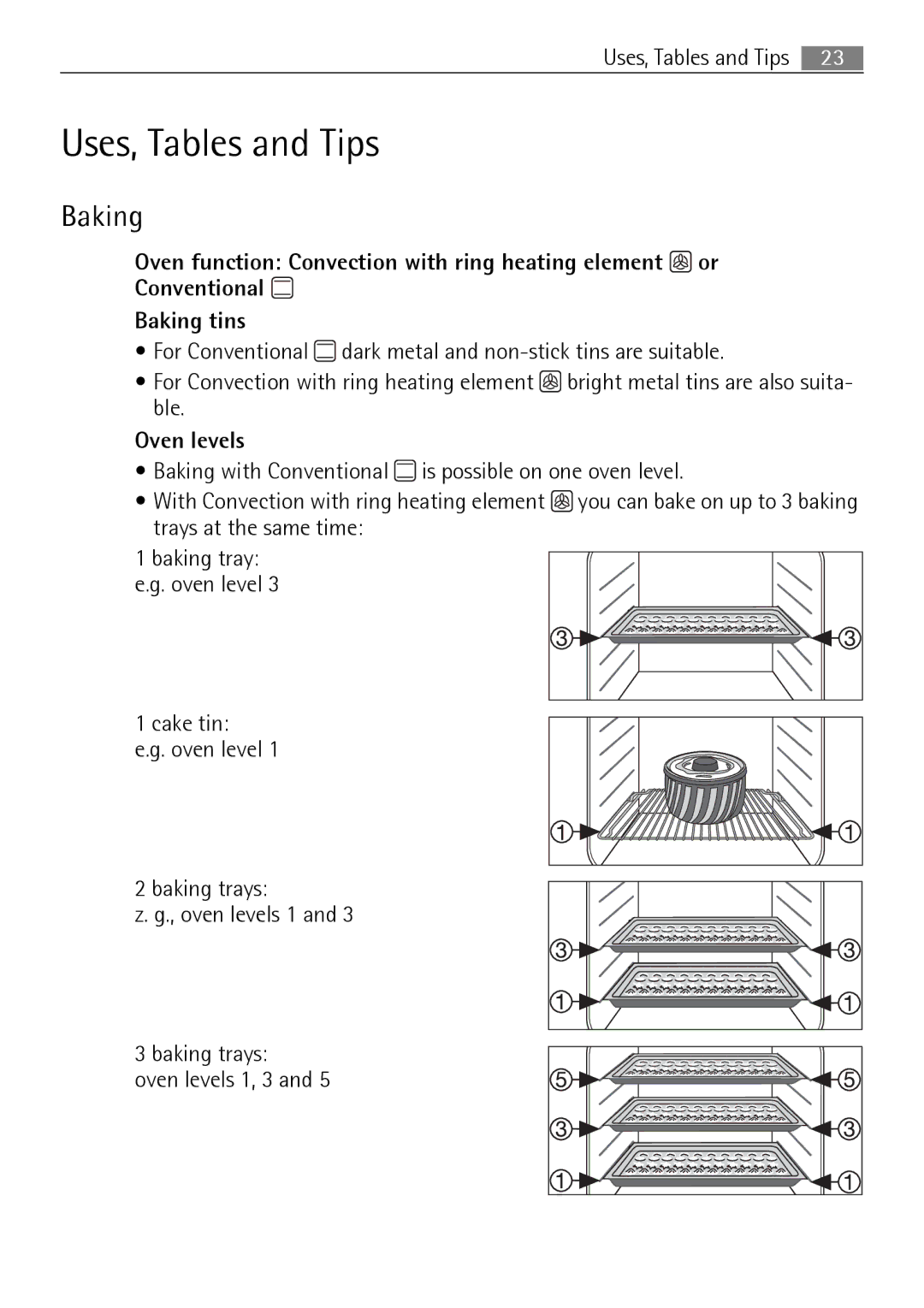 Electrolux B41012-5 user manual Uses, Tables and Tips, Baking, Oven levels 