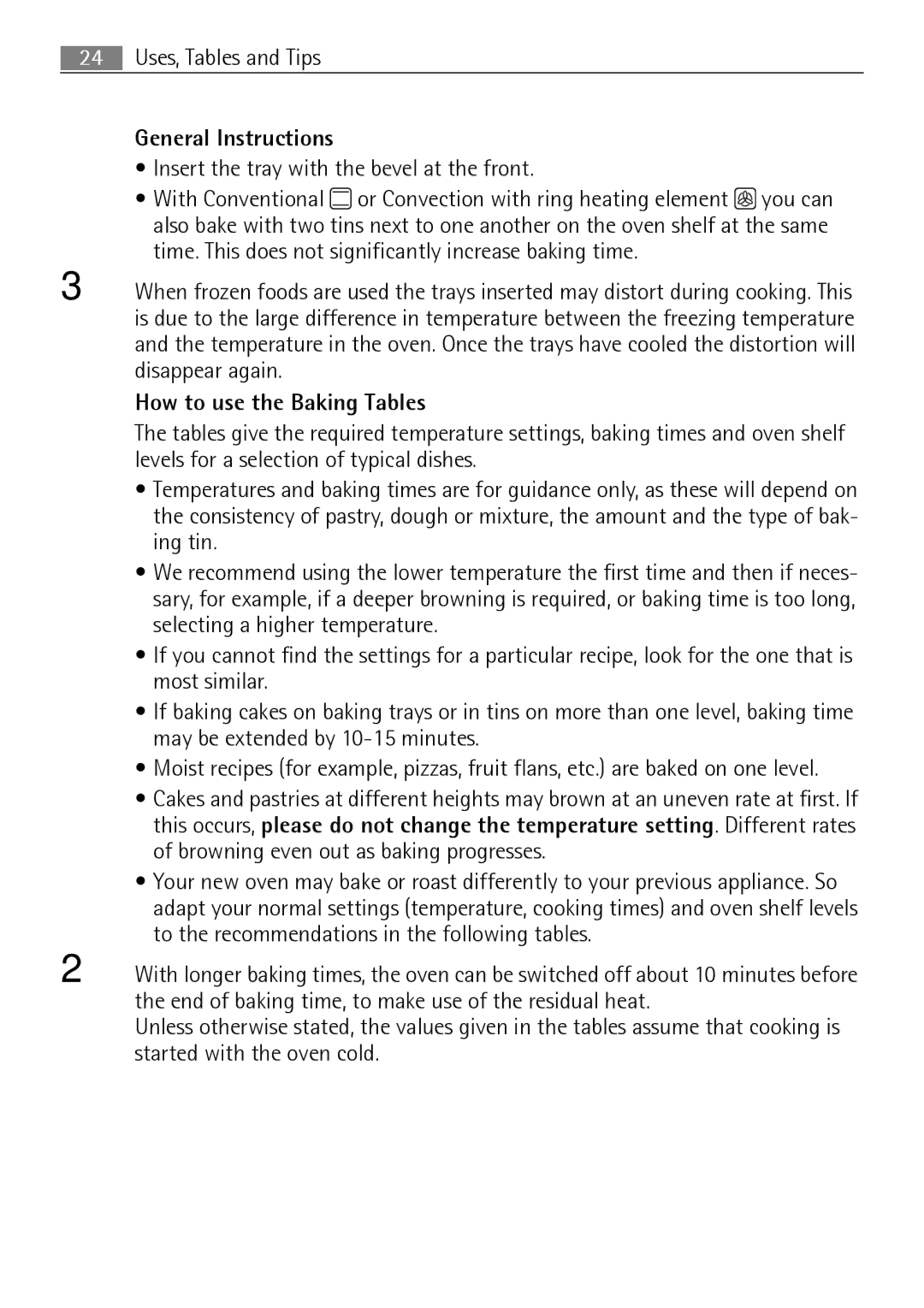 Electrolux B41012-5 user manual General Instructions, How to use the Baking Tables 