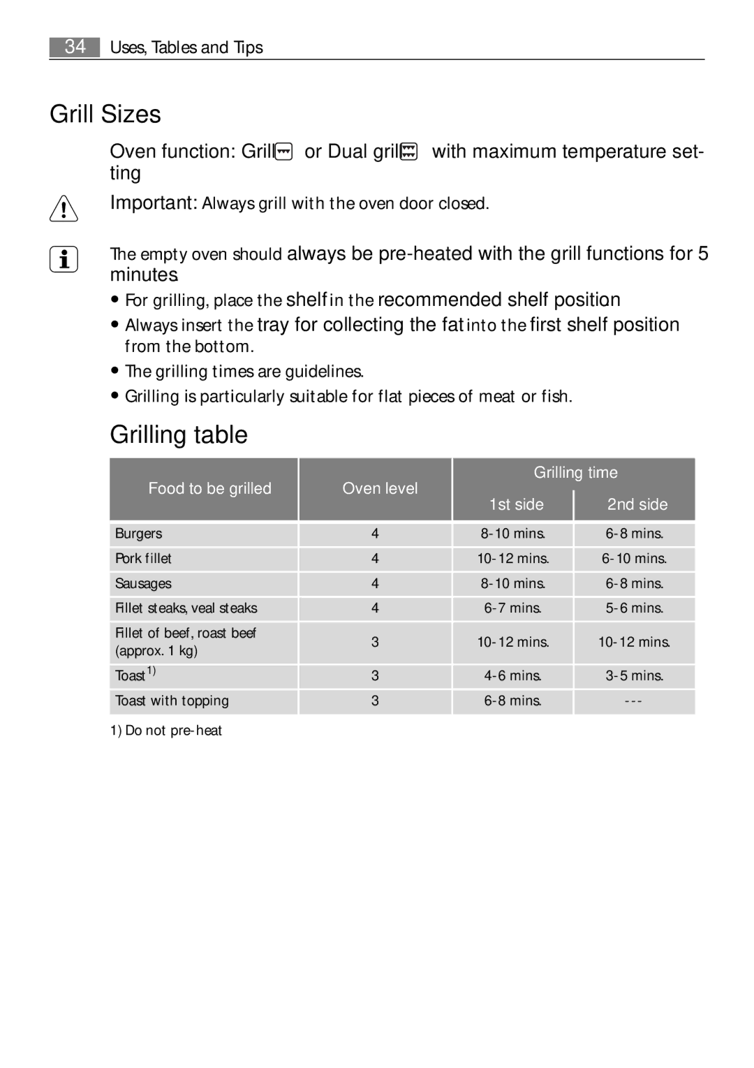 Electrolux B41012-5 user manual Grill Sizes, Grilling table, Food to be grilled Oven level Grilling time 