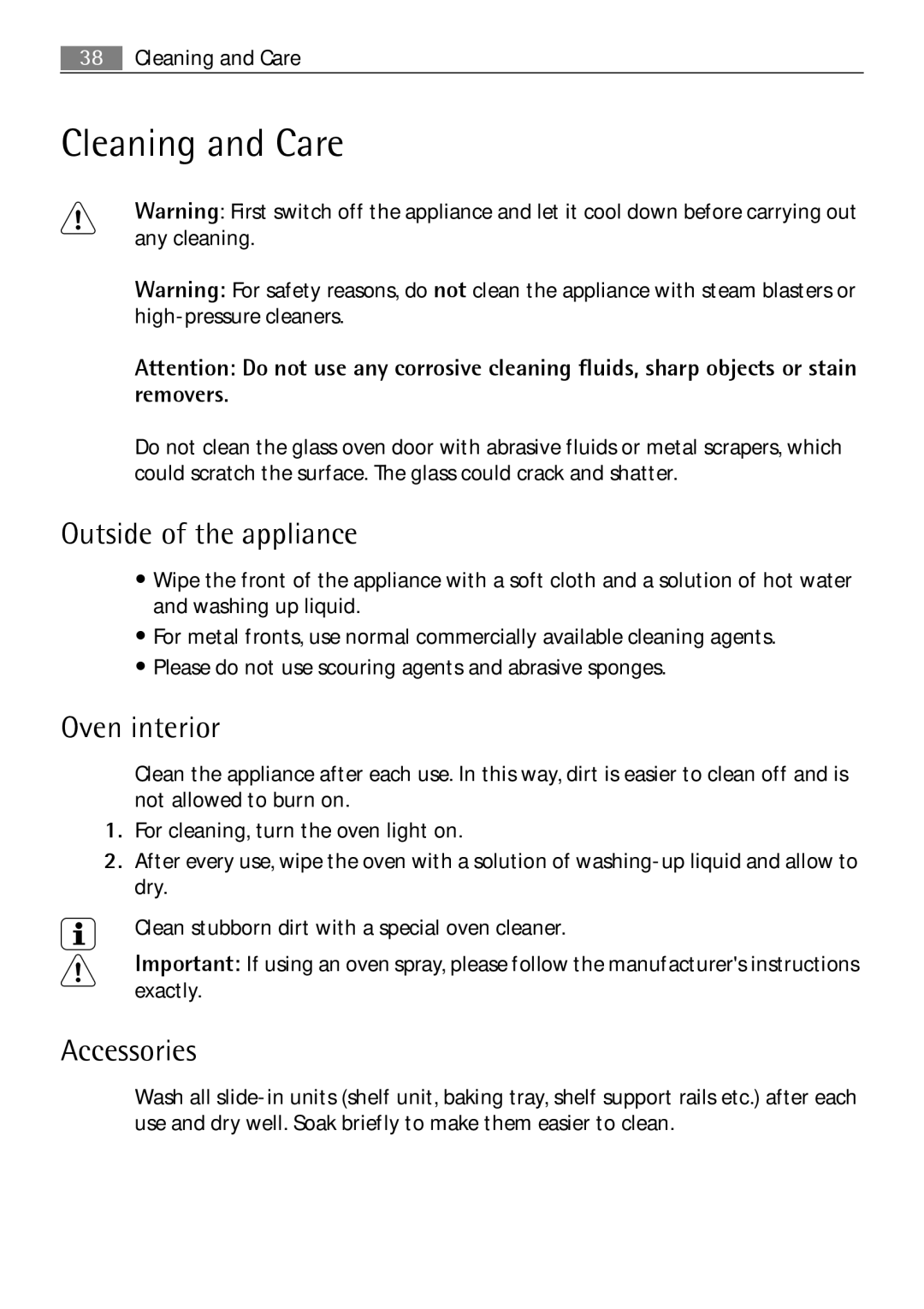 Electrolux B41012-5 user manual Cleaning and Care, Outside of the appliance, Oven interior, Accessories 