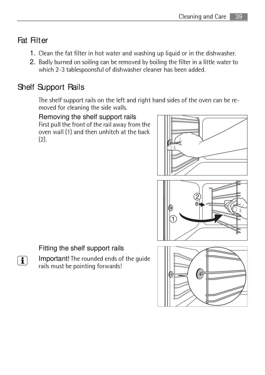 Electrolux B41012-5 Fat Filter, Shelf Support Rails, Removing the shelf support rails, Fitting the shelf support rails 