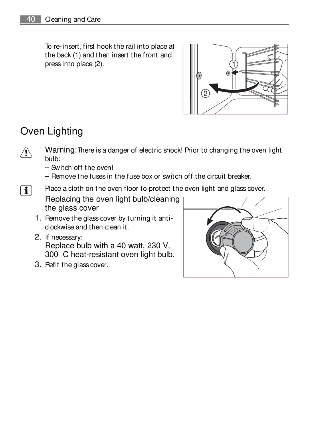 Electrolux B41012-5 user manual Oven Lighting, Replacing the oven light bulb/cleaning the glass cover 