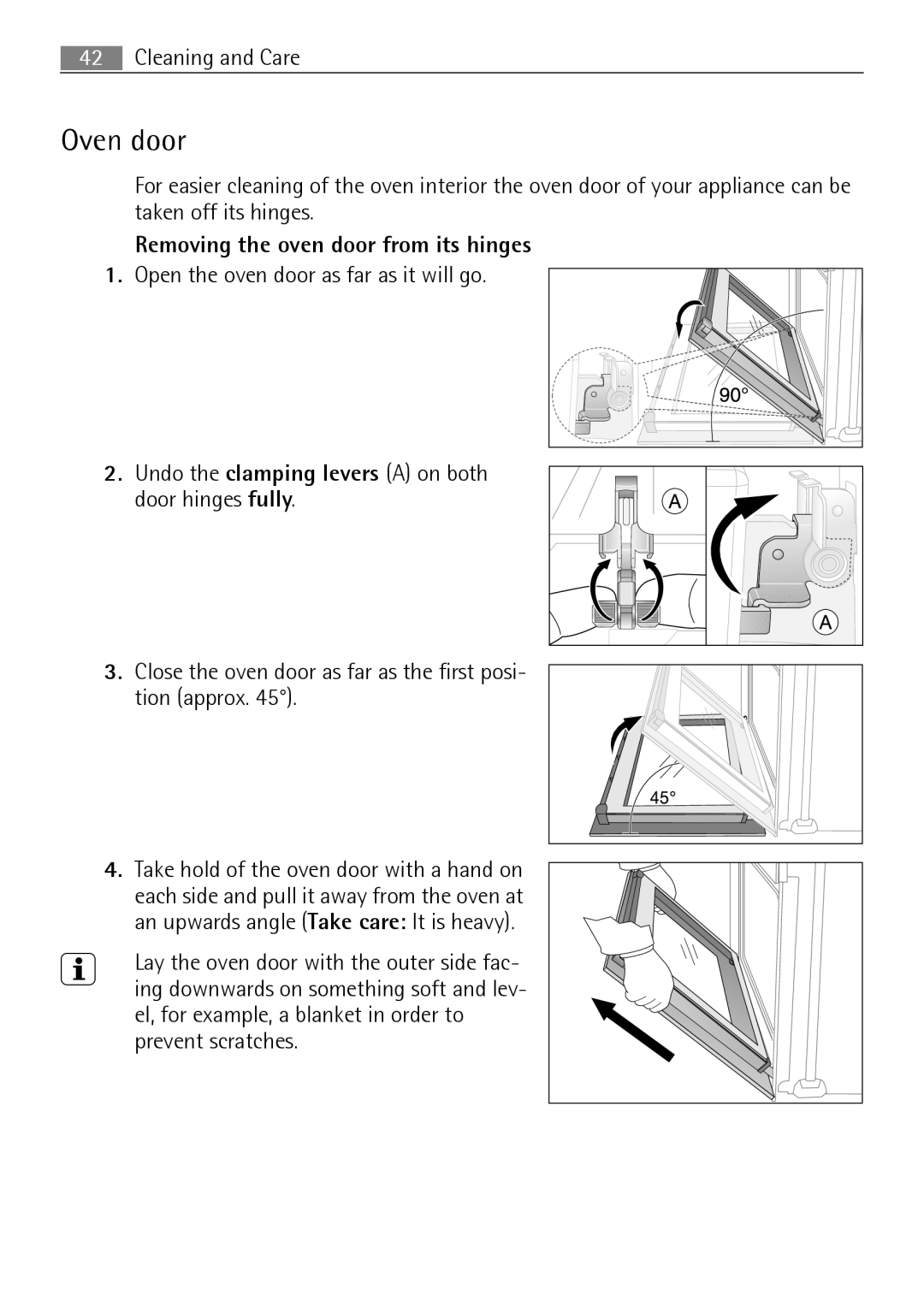 Electrolux B41012-5 user manual Oven door, Removing the oven door from its hinges 