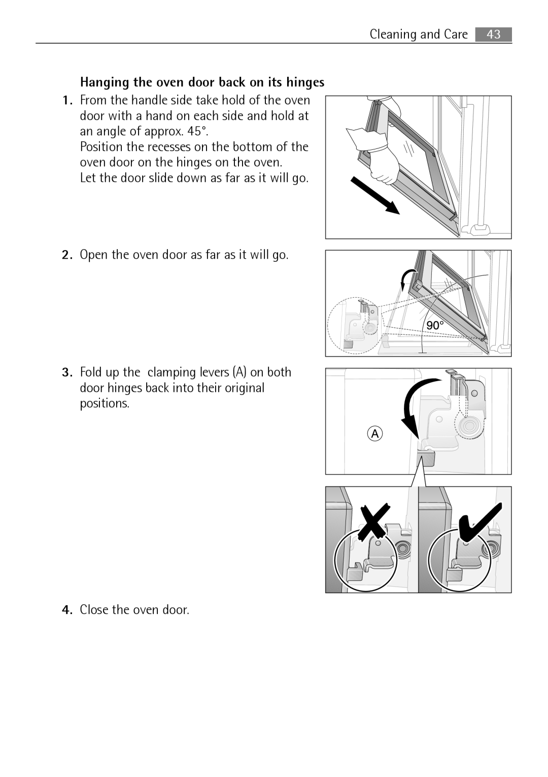 Electrolux B41012-5 user manual Hanging the oven door back on its hinges 