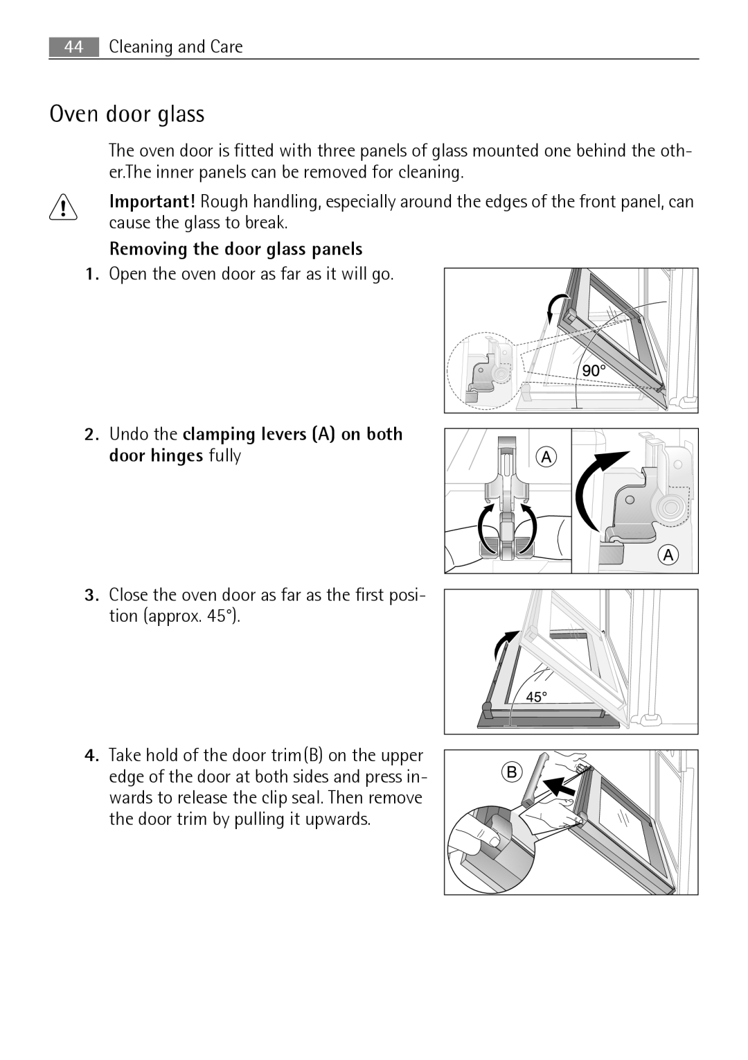 Electrolux B41012-5 user manual Oven door glass, Removing the door glass panels 