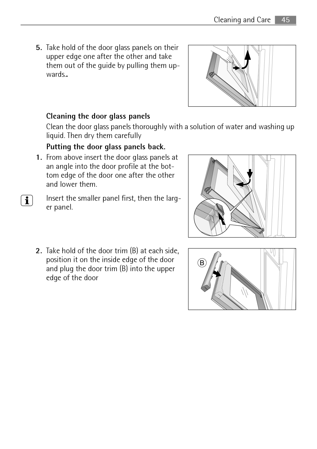 Electrolux B41012-5 user manual Cleaning the door glass panels, Putting the door glass panels back 