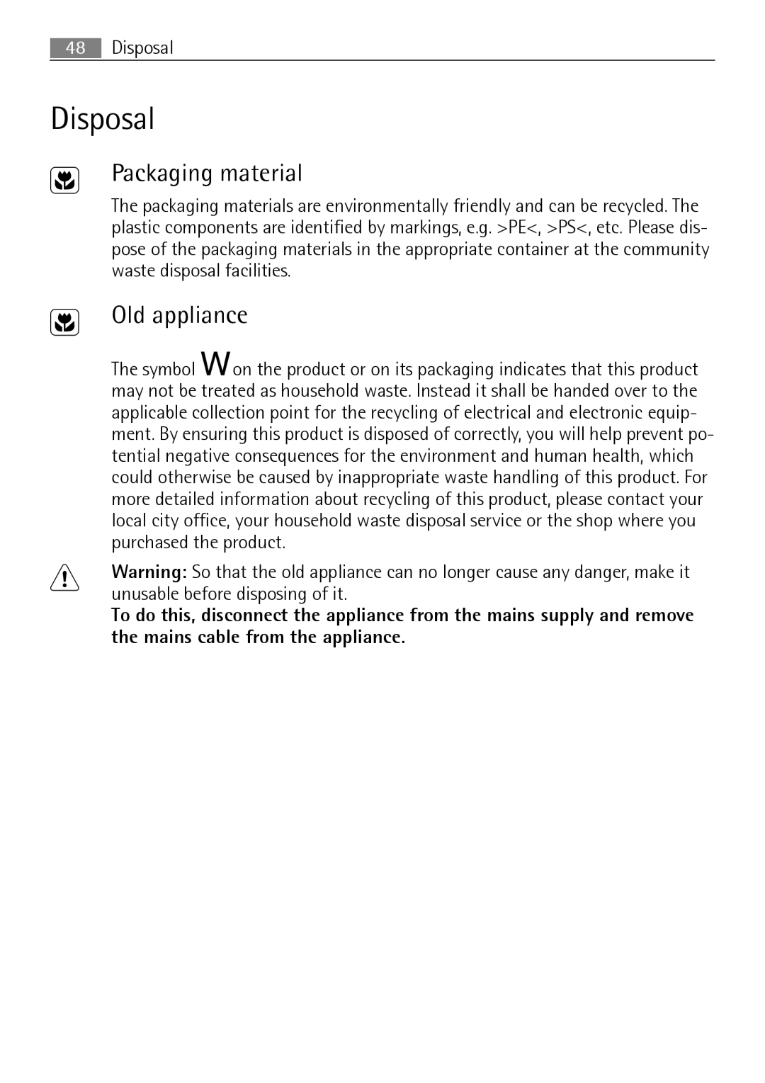 Electrolux B41012-5 user manual Disposal, Packaging material, Old appliance 