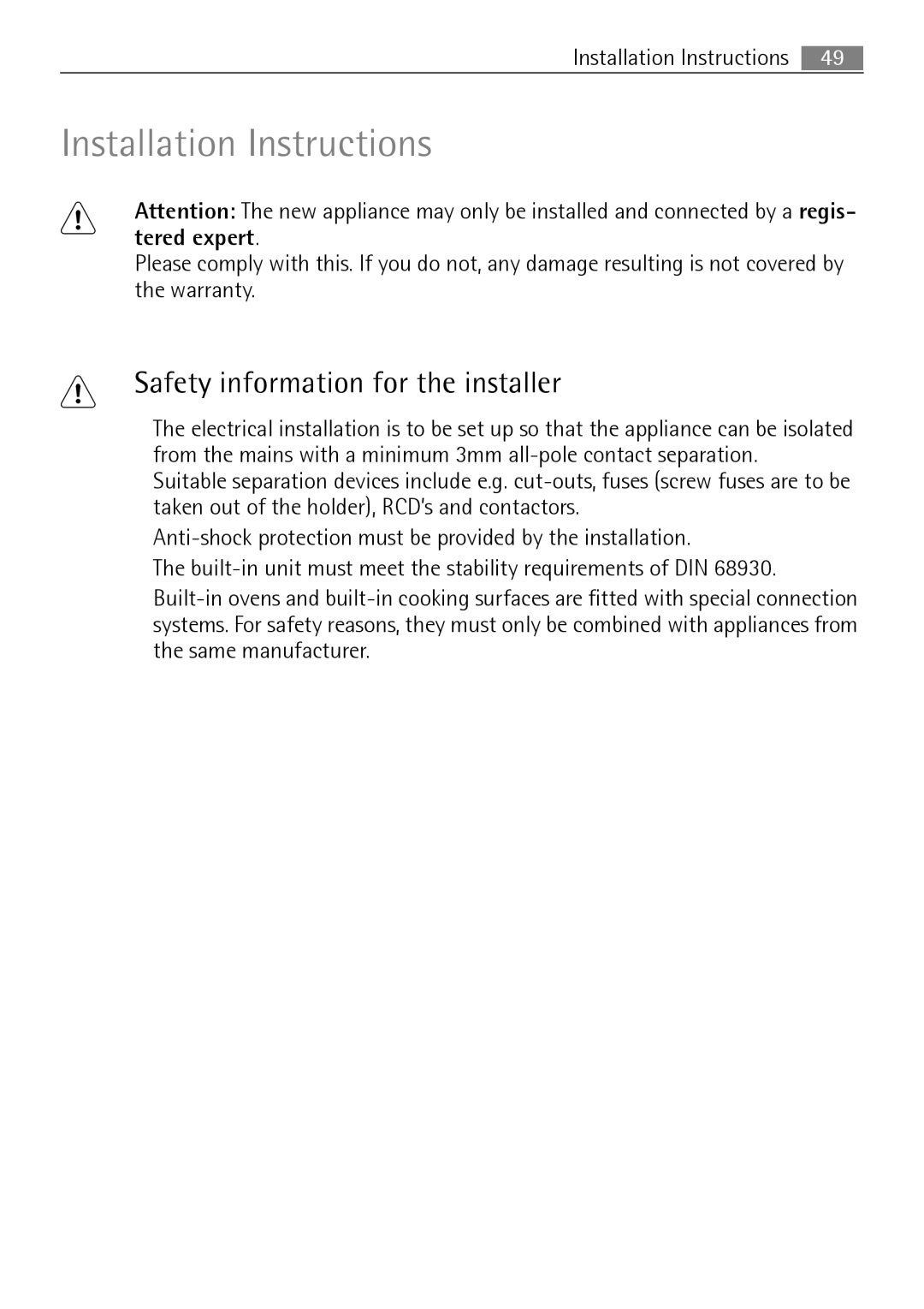 Electrolux B41012-5 user manual Installation Instructions, Safety information for the installer 