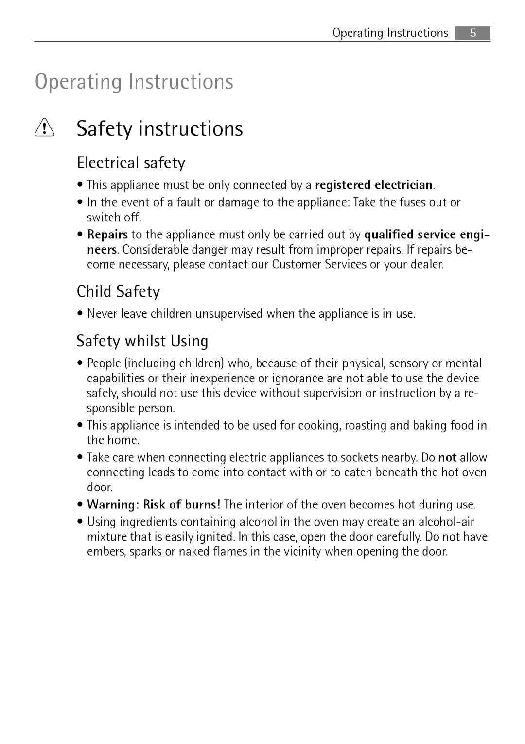 Electrolux B41012-5 user manual Safety instructions, Electrical safety, Child Safety, Safety whilst Using 