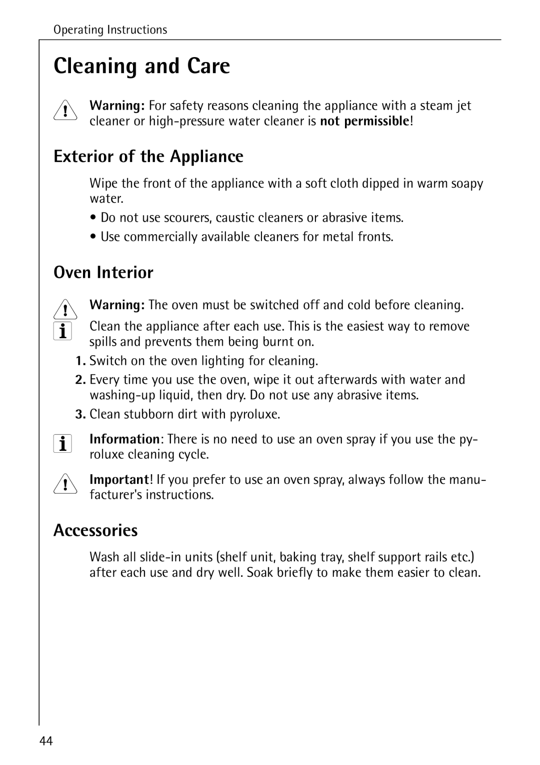 Electrolux B4140-1 manual Cleaning and Care, Exterior of the Appliance, Oven Interior, Accessories 