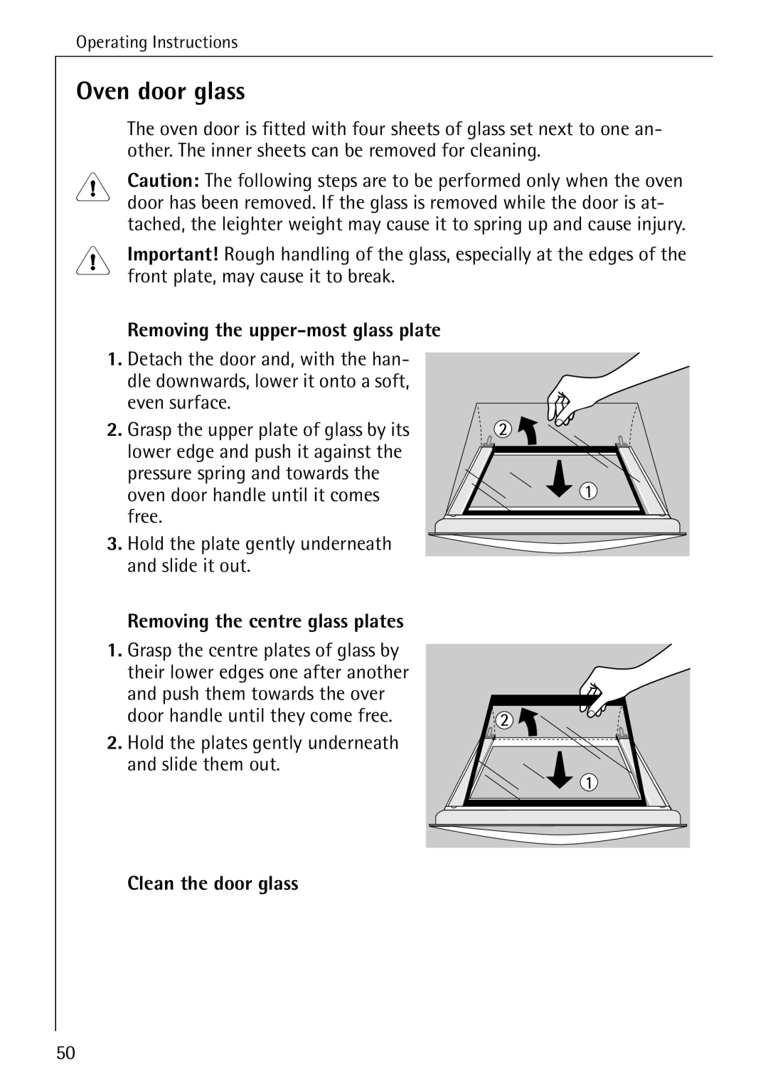 Electrolux B4140-1 manual Oven door glass, Removing the upper-most glass plate, Removing the centre glass plates 